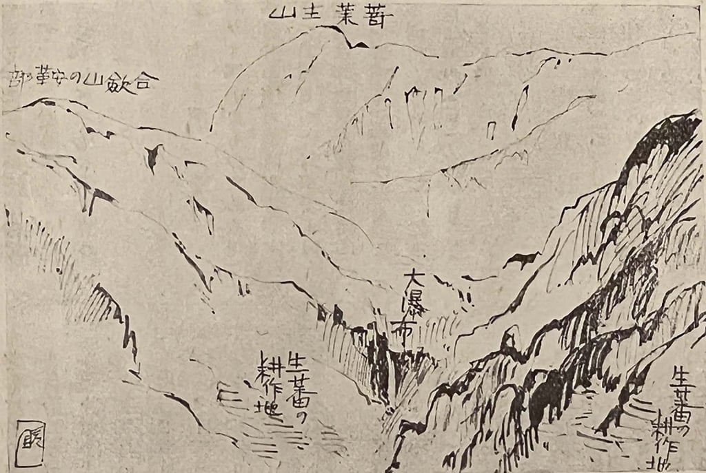 圖2 石川欽一郎〈臺灣中央山脈探險〉所附速寫插圖。圖引自《みずゑ》150（1917年8月）、151（1917年9月）。