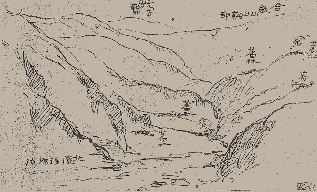 圖2 石川欽一郎〈臺灣中央山脈探險〉所附速寫插圖。圖引自《みずゑ》150（1917年8月）、151（1917年9月）。