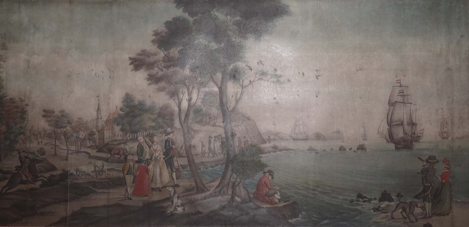 圖12 江戶時代 荒木如元〈荷蘭海港圖〉，麻布油彩，26.7×54.8公分，大和文華館藏。