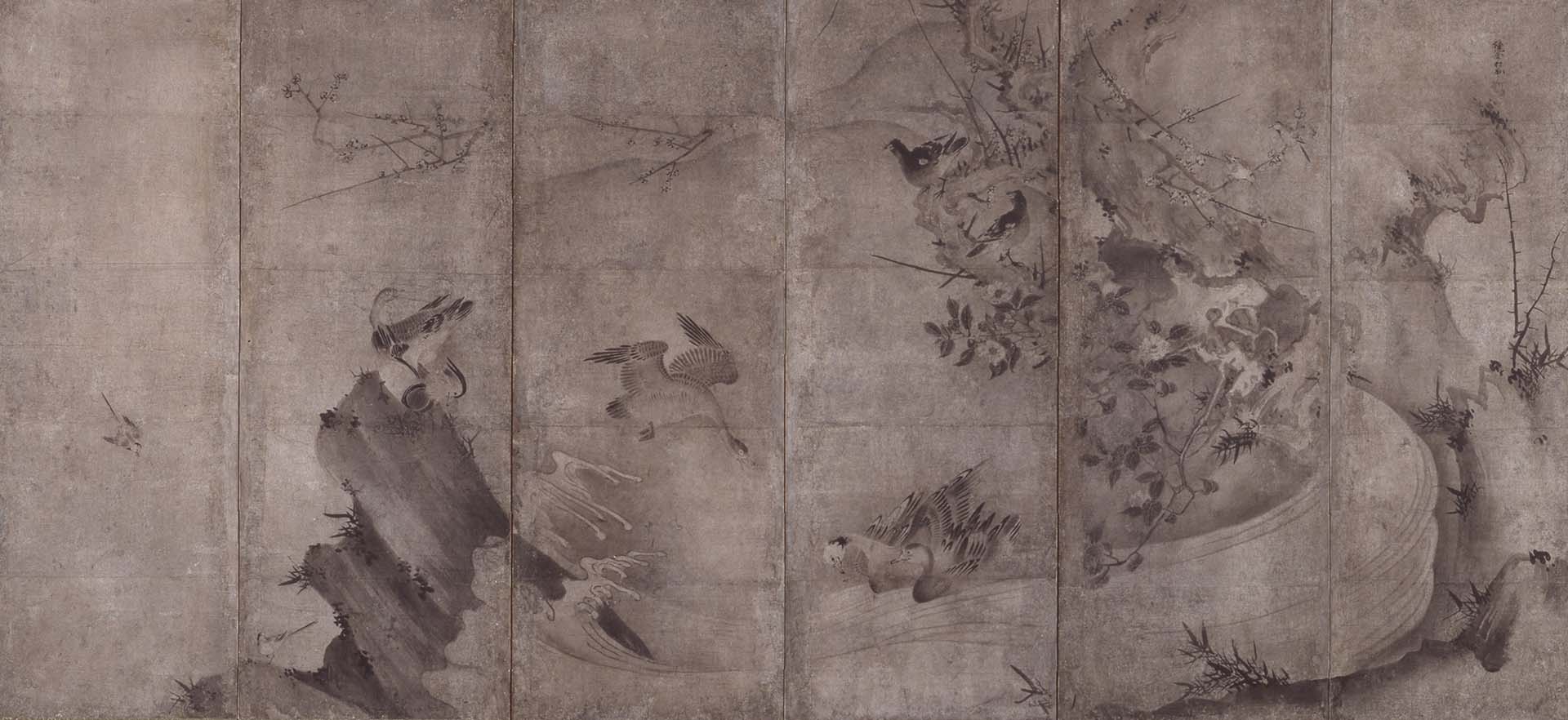 圖3 重要文化財 室町時代 雪村周繼〈花鳥圖屏風〉（右隻），紙本水墨，151.8×332.3公分，大和文華館藏。