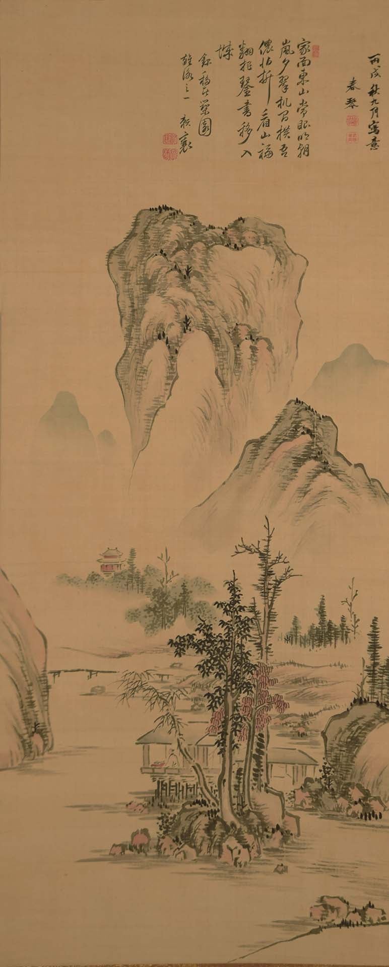 圖8 文政九年（1826）賴山陽贊、浦上春琴〈秋景山水圖〉，絹本水墨淺設色，124×51公分，滋賀縣立琵琶湖文化館藏。
