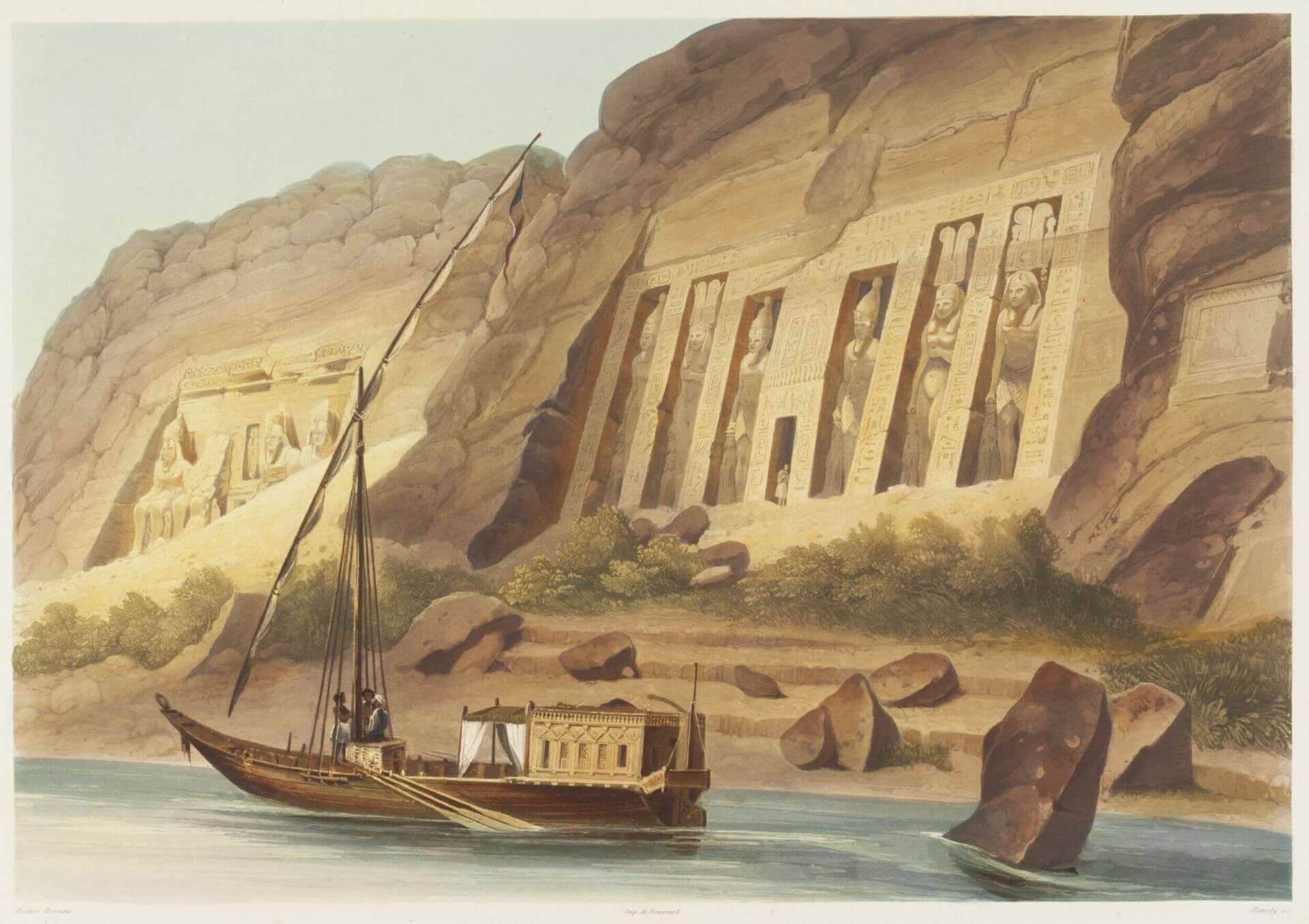 歐侯1841年出版《埃及全景》，以棕色、藍色、綠色和赭色印刷，並手工添加顏色，描繪努比亞的阿布辛貝神廟，近景為妮菲塔莉神殿。© Victoria and Albert Museum, London