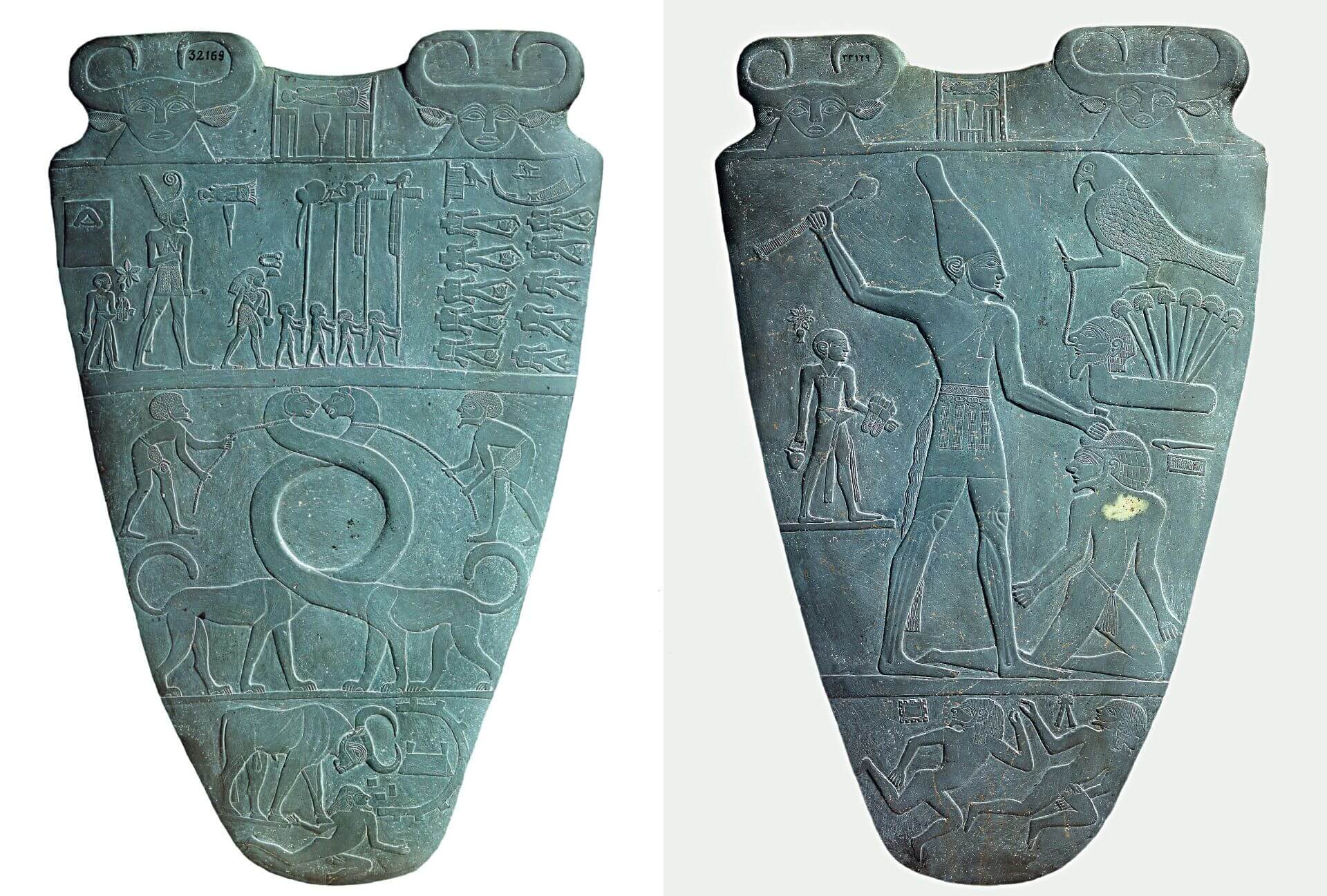1898 年發現的《納爾邁調色板》（Narmer Palette），製作於公元前4000紀末期，是尼羅河谷碩果僅存的文物之一，可視為埃及本質上從史前時代進入歷史時代的重要證據。（Wikipedia）