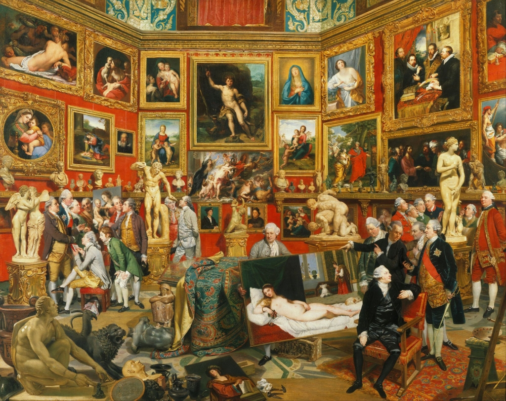 德國新古典主義畫家 Johan Zoffany的《The Tribuna of the Uffizi》，內容是18 世紀英國收藏家和遊客在義大利，圍繞藝術品欣賞討論的畫面，是描述英國貴族「大壯遊」（Grand Tour）畫作。 圖片來源 維…