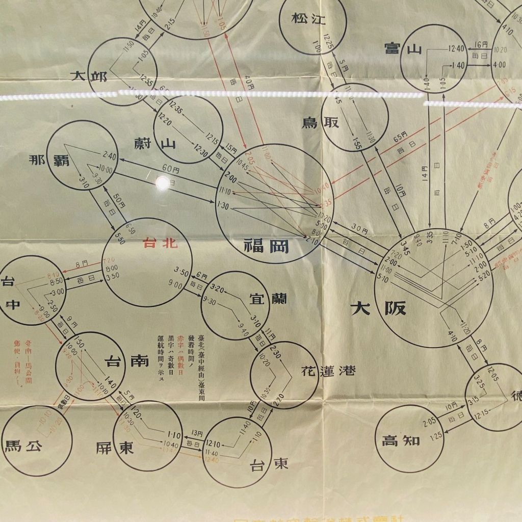 相｜昭和十三年（1938年）日本航空株式會社與滿洲航空會社的航行線。裡頭標示了台北、台南、屏東、馬公、宜蘭、花蓮港在太平洋戰爭爆發之前，都曾是重要的民用交通樞紐。
