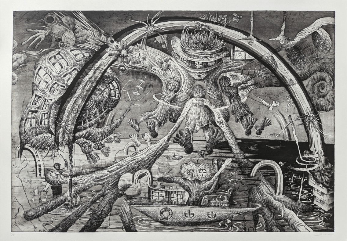 第八屆「新賞獎（ONE ART Award）」優選作品：朝井颯志，《彩虹門》，水松石版；銅版蝕刻，3.5 x 112.5 x 82 cm，2025，作品以神話寓言反思文明與自然的失衡，呈現壯麗而深邃的末世寓言。（ONE ART Taipei…