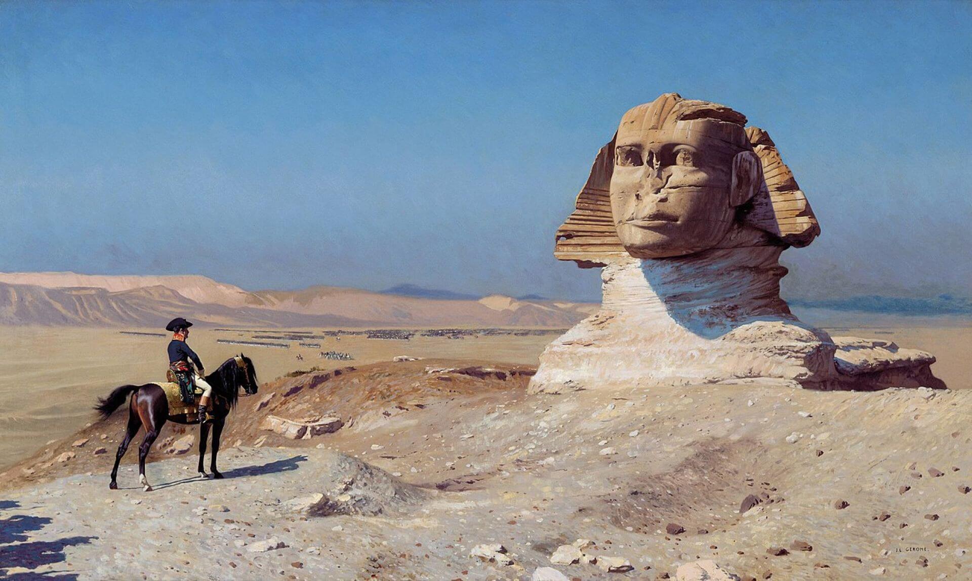 法國 尚-李奧．傑洛姆（Jean-Léon Gérôme），《獅身人面像前的拿破崙》（Bonaparte devant le Sphinx），1886，現藏美國赫斯特城堡。（Public Domain）