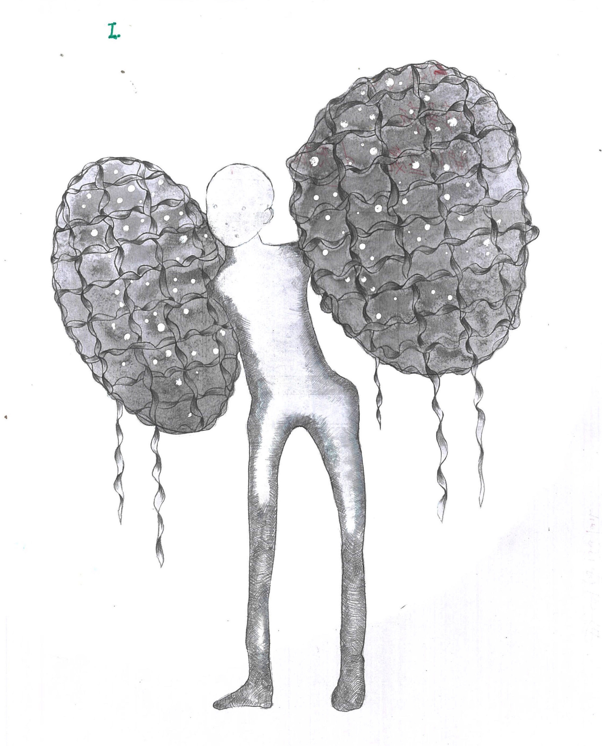 在指腹的觸摸下，腳跟微微陷了下去，未曾見光的蒼冷。稍微一抽，布便繃開，露出整個足弓。裹腳婆用指尖的最尖端輕輕拉開足弓的內裡，露出隱藏的部位：四趾合攏著一個接著一個地排列在裡面，包藏在靜默的和諧中，姿態未圓熟，宛如掀開活物的腹膜，看見仍在生長…
