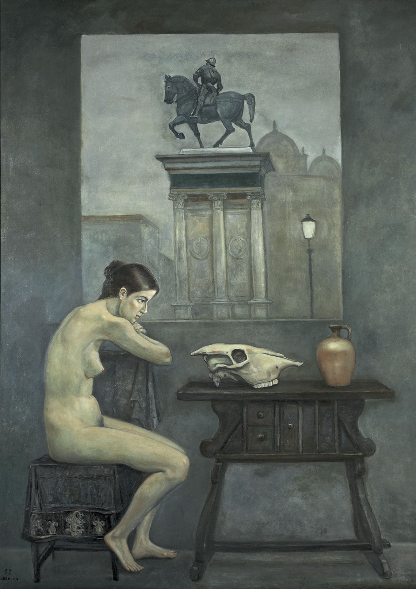 陳景容｜騎士雕像與裸女 油彩 162×228cm 1999。（&nbsp;陳景容提供）