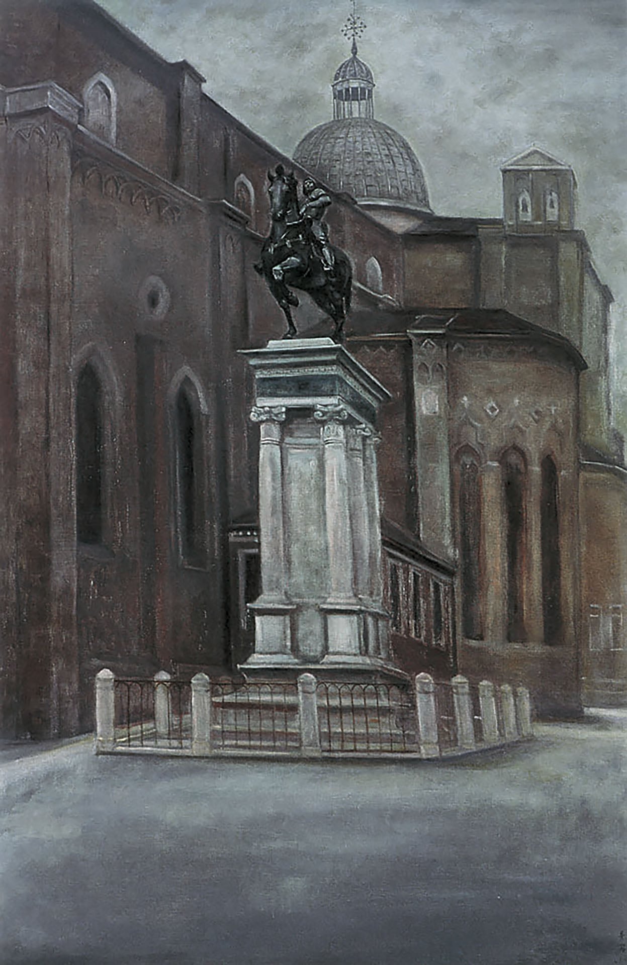 陳景容｜騎士雕像與教堂 油彩 130×194cm 1994。（ 陳景容提供）
