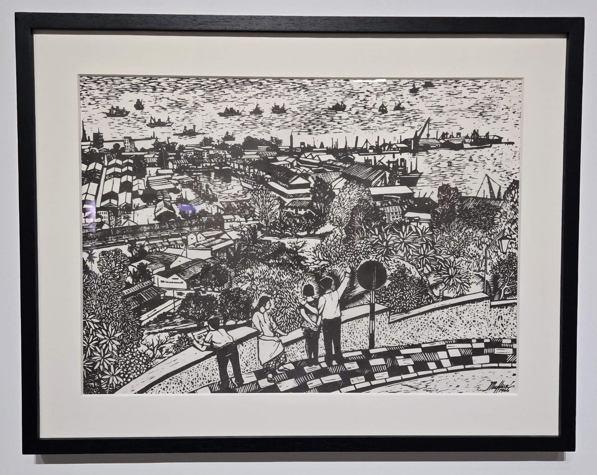 林木化（Lim Mu Hue），一幅題為《花柏山風景》（View from Mount Faber）的木刻版畫，作品完成於新加坡甫建國的1966年。該作品與其他經典現代美術作品，一起於主展場中展出。（攝影／高森信男）