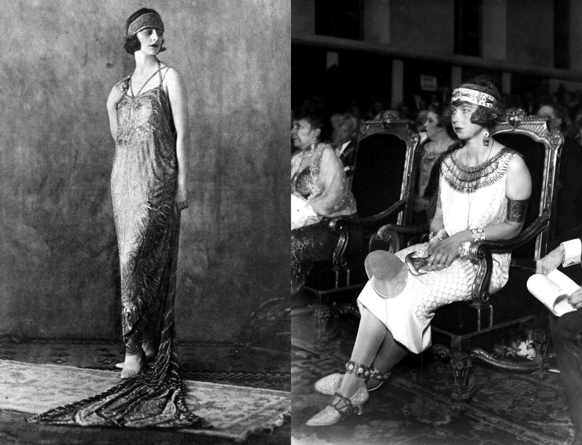 (左)埃及王后納茲莉.薩布里(Nazli Sabri),攝於1920年代。(右)1926 年,比利時瑪麗.若澤公主身著華麗的尼羅河風格禮服,出席在布魯塞爾舉行的圖坦卡門舞會。