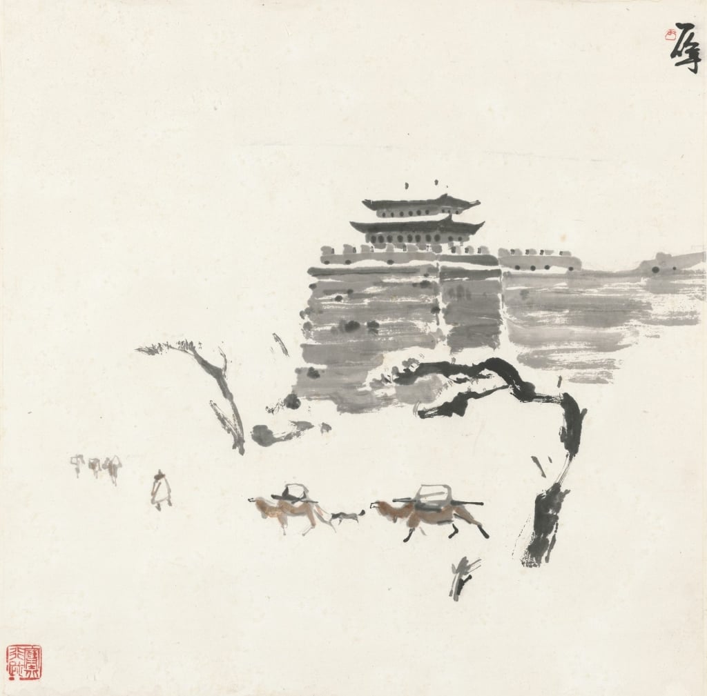 高一峰1995年作〈城郊鈴聲(孤城晚色)〉,設色紙本,77.5×51.5公分,家屬收藏。創價美術館提供。