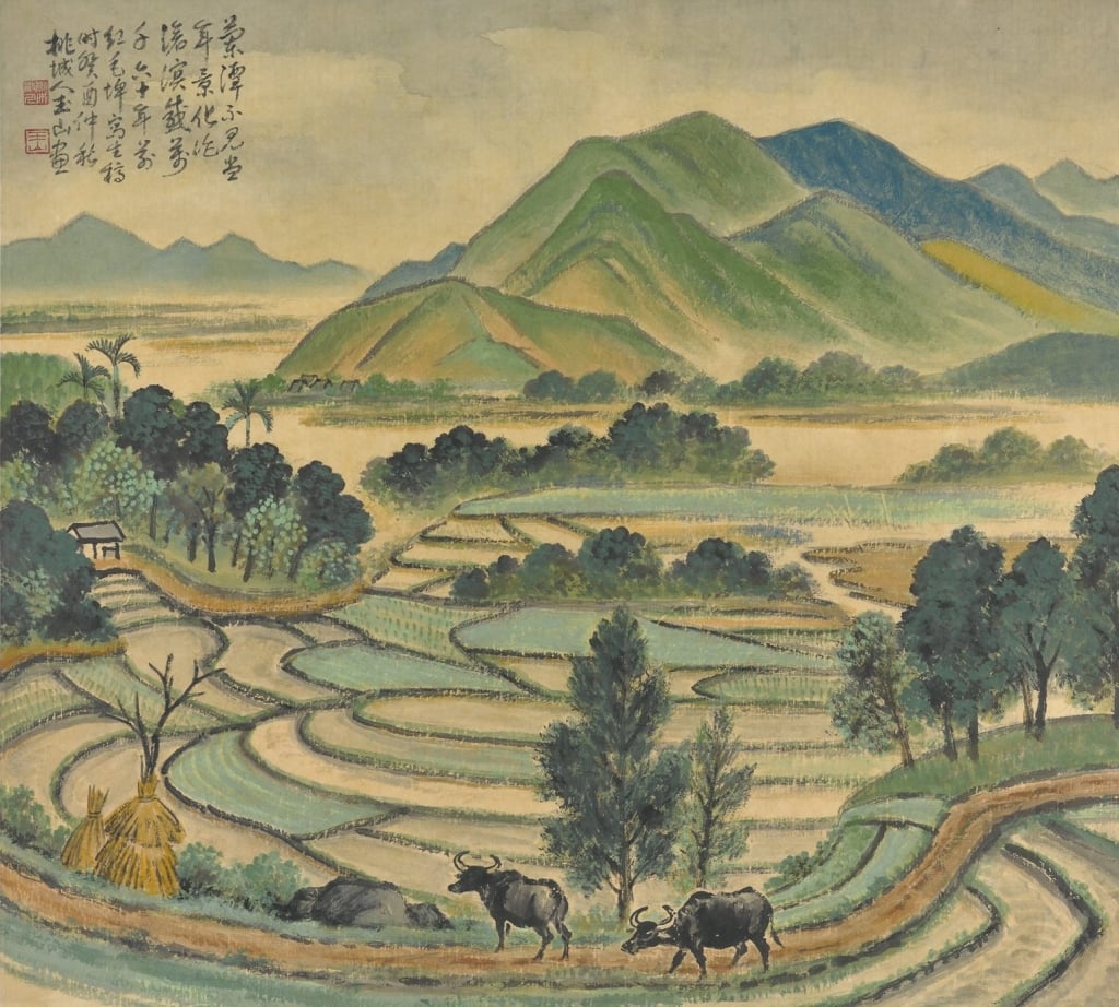 林玉山1993年作〈諸羅風情〉,紙本設色,62×69.5公分,嘉義市立美術館藏。創價美術館提供。