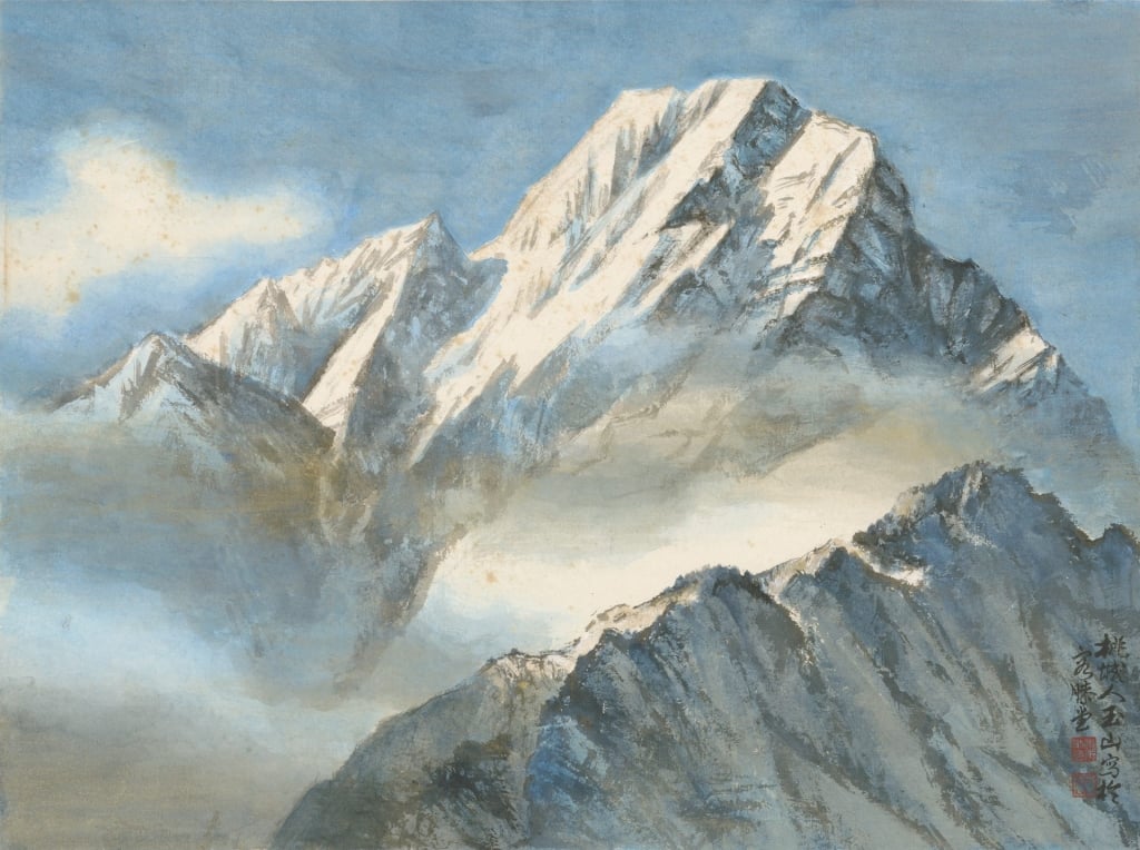 林玉山1996年作〈玉山晴雪〉,紙本設色,54×72公分,私人收藏。創價美術館提供。