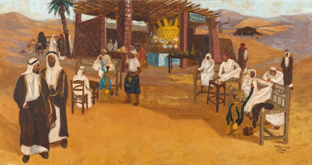 沙烏地阿拉伯藝術家Safeya Binzagry創作於1968年的《Coffee Shop in Madina Road》將在蘇富比於2026年1月底利雅德舉辦的「起源」拍賣亮相。（蘇富比提供）