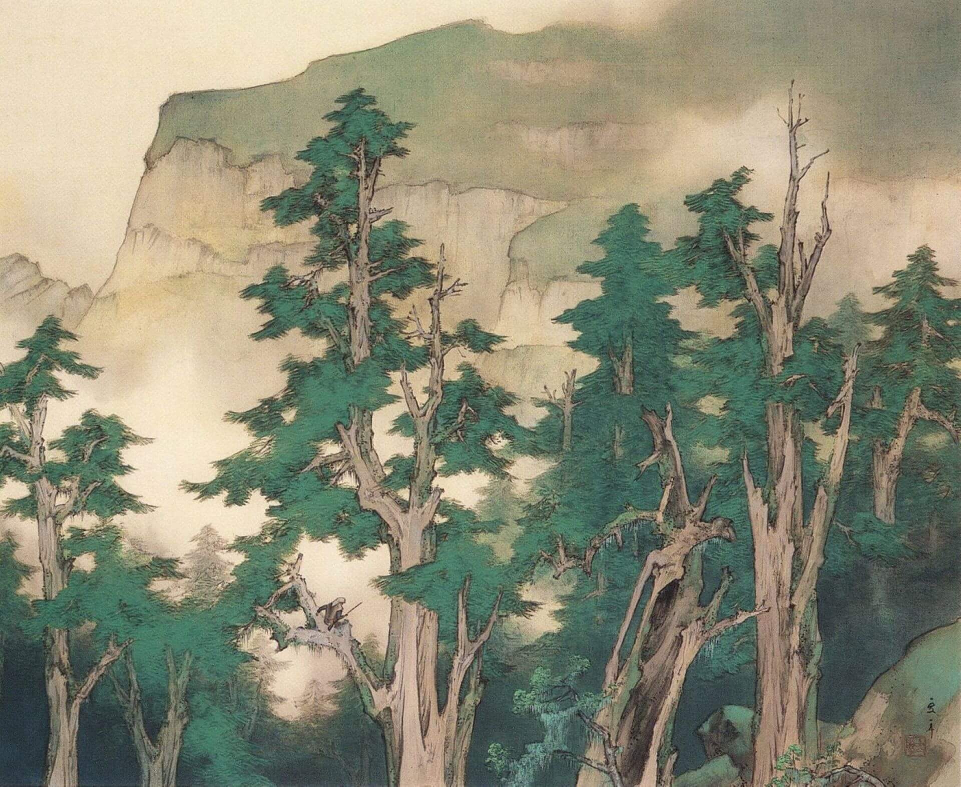 川村曼舟，《阿里山の五月》，1933，第14回帝展，絹本設色，71 x 86.7公分，宮內廳三之丸尚藏館典藏。（宮内庁三の丸尚蔵館編，《官展を彩った名品・話題作——大正～昭和初期の絵画と工芸》，（東京：財團法人菊葉文化協會，2005），頁3…