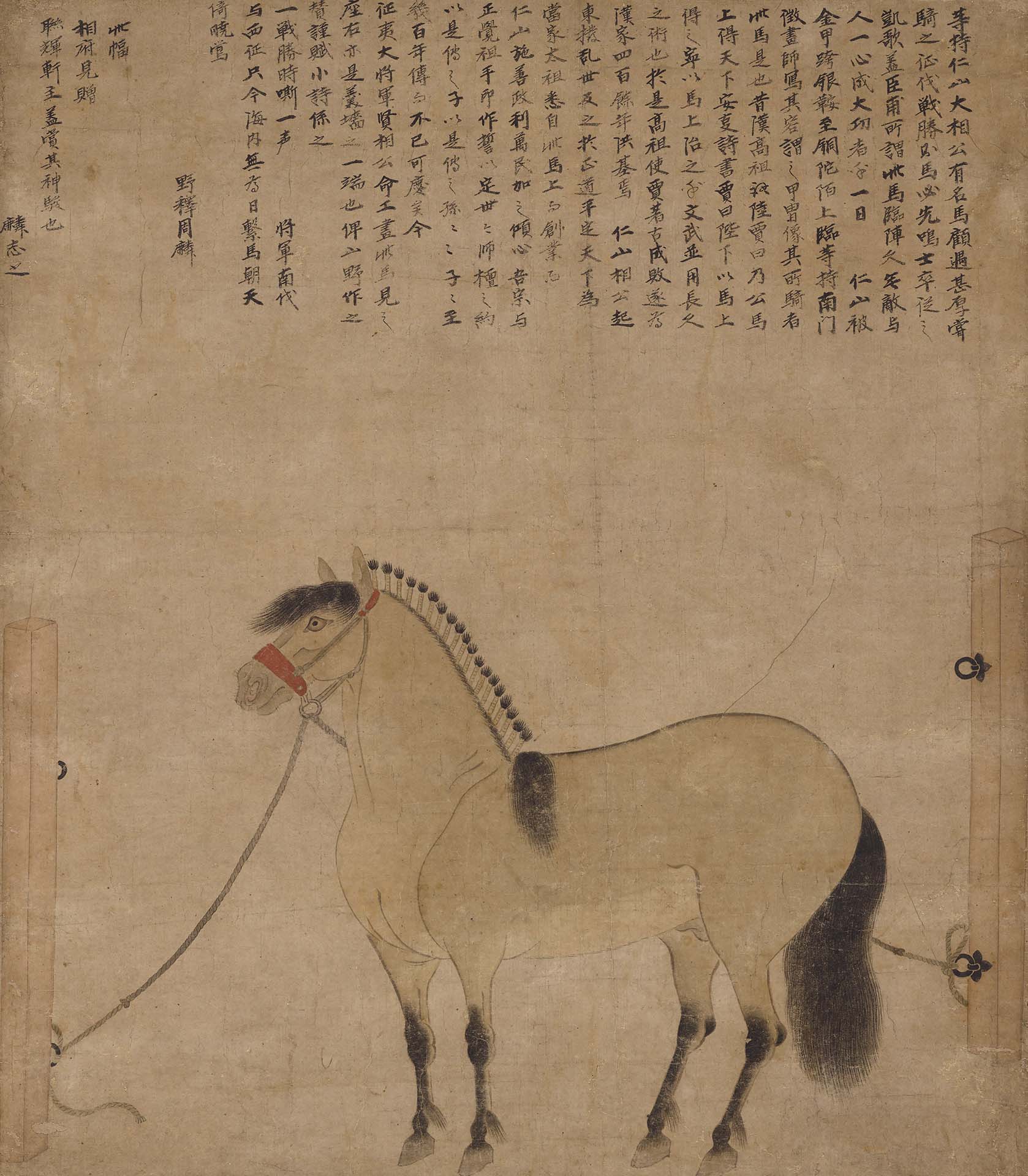 重要文化財 室町時代15至16世紀 景徐周麟賛〈駿馬圖〉65.8×57.8公分，京都國立博物館藏。