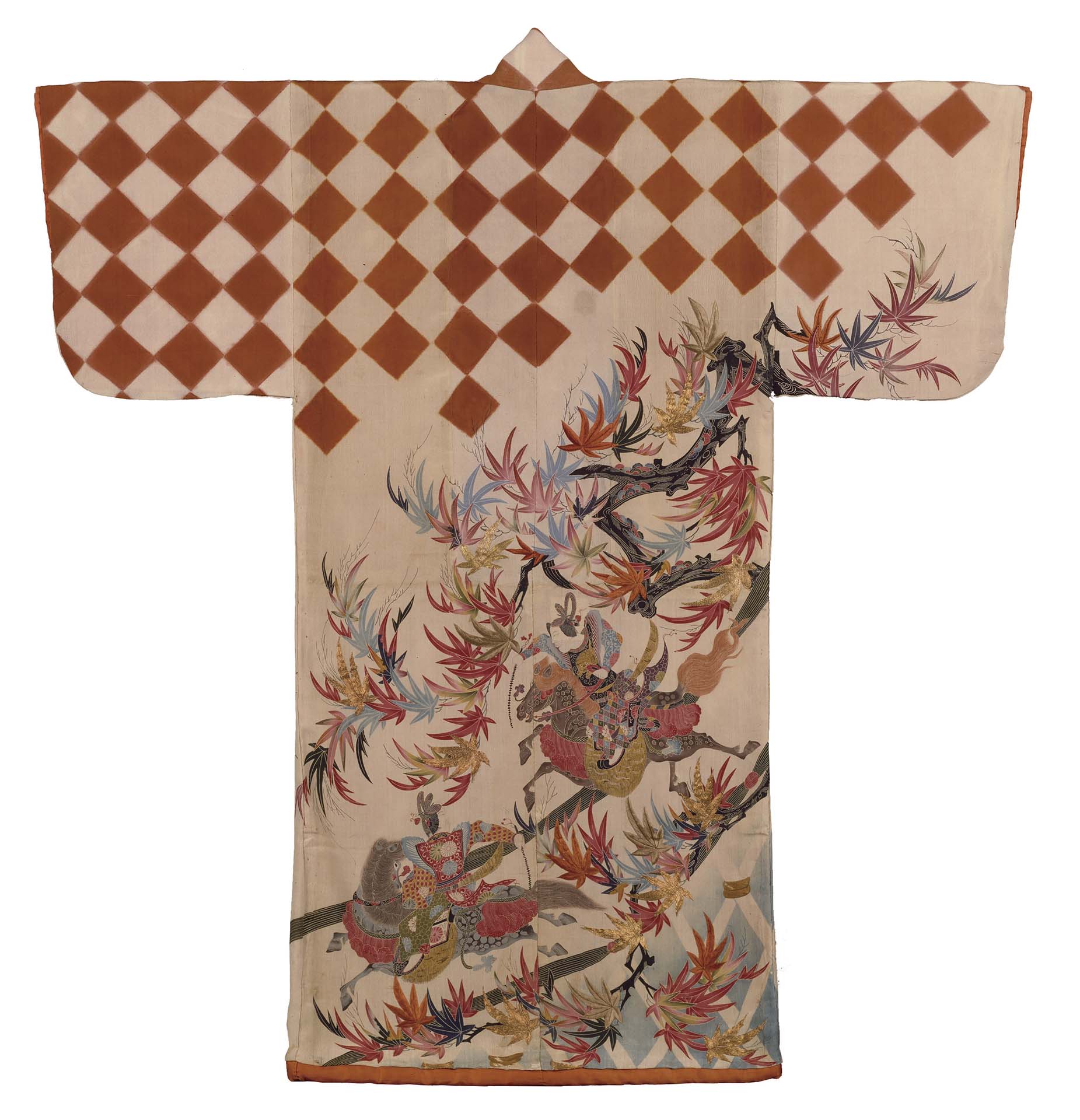 江戶時代18世紀〈賀茂競馬文樣小袖〉高128公分，裄64.7公分，京都國立博物館藏。