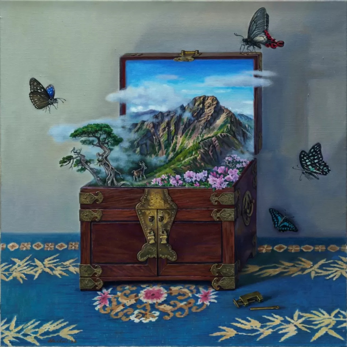 2022年國際組首獎作品：王海輝《玉山珍寶》，油彩，70 × 70 cm。（玉山銀行提供）