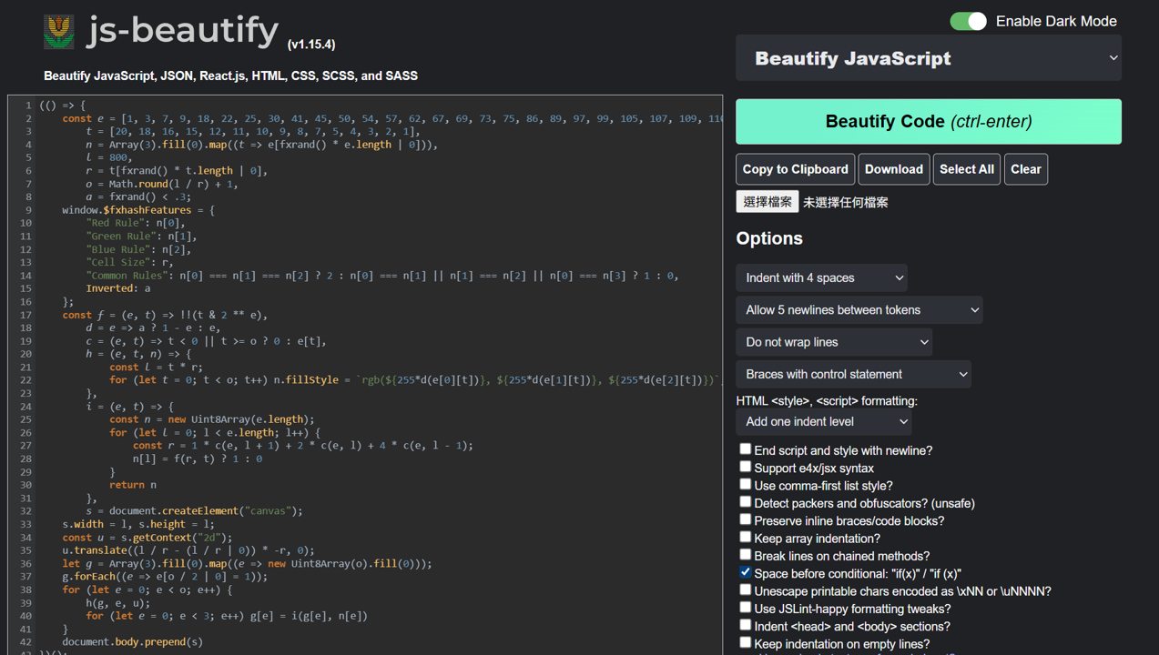將上述壓縮過的代碼放入 Beautify Code，就能清楚看到生成機制。這證明了它是「逐行繪製」的：算出每一個格子在 R、G、B 三個圖層的狀態，然後直接塗上顏色。
