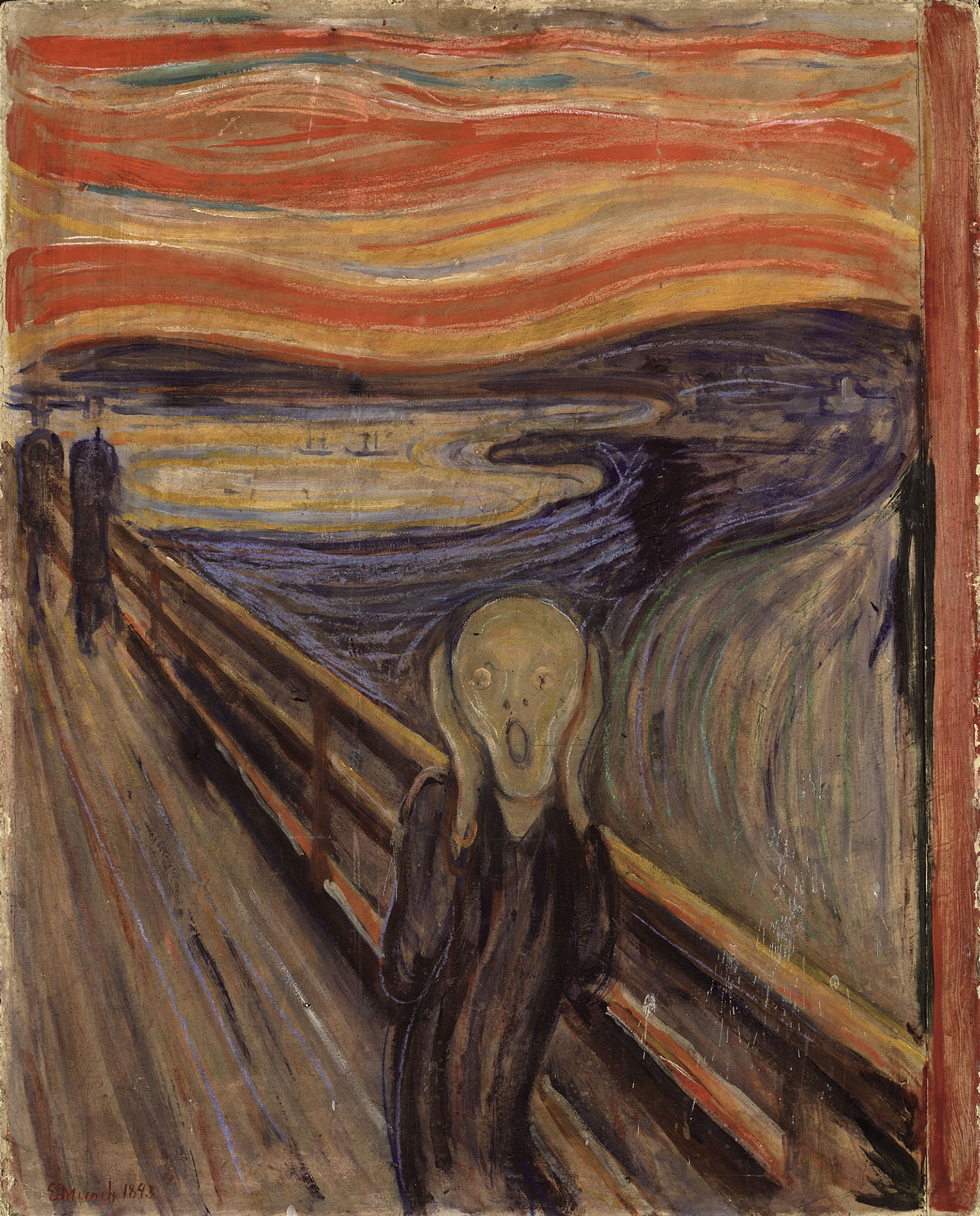 表現主義藝術家孟克（Edvard Munch）的《吶喊》，以強烈扭曲的形體與色彩，將個人內在的焦慮與存在恐懼轉化為可視的心理景觀。（Public Domain）