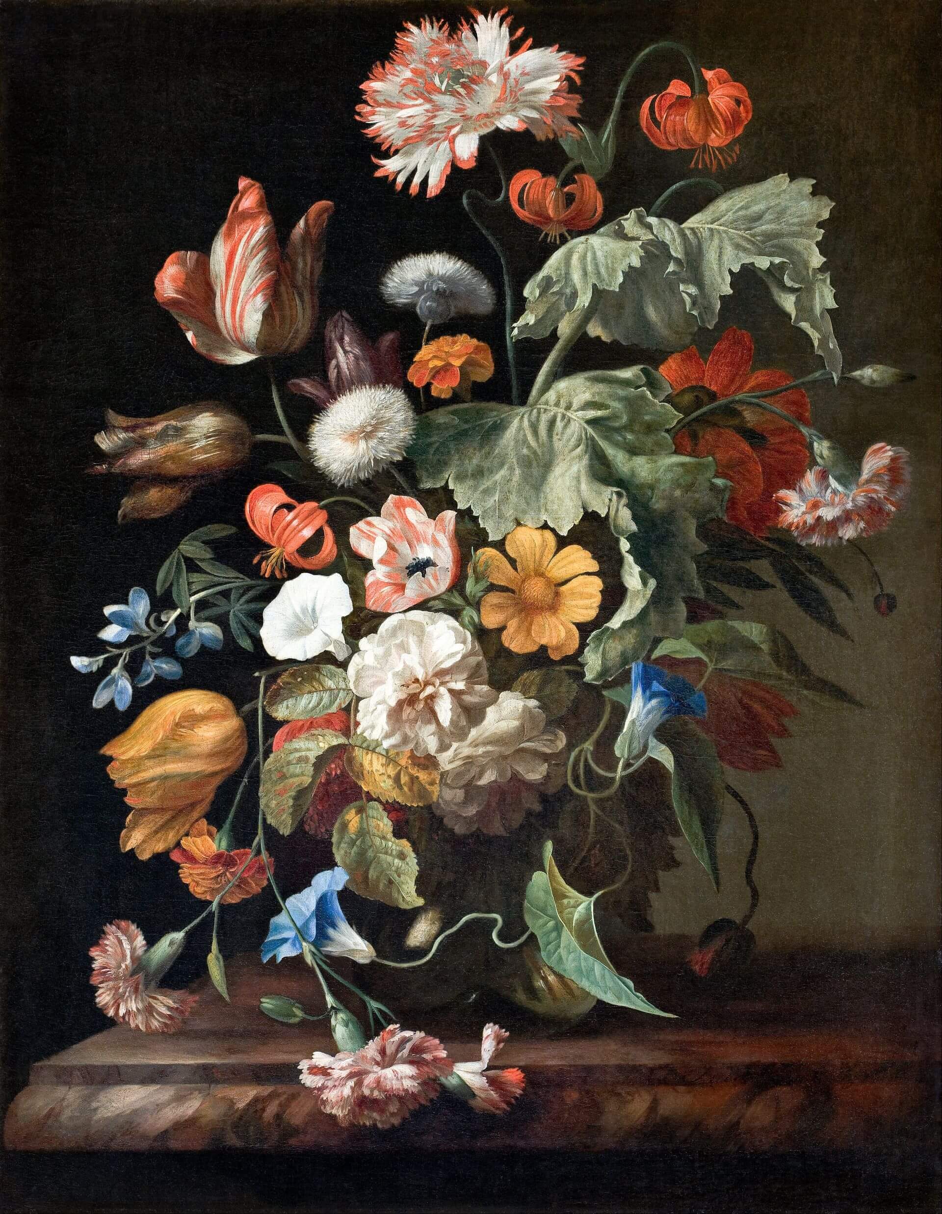 瑞秋.魯伊希(Rachel Ruysch),《花卉靜物》 (Still Life with Flowers),1750年代,油彩畫布,75 × 58.5公分,哈爾維博物館藏。(維基百科)