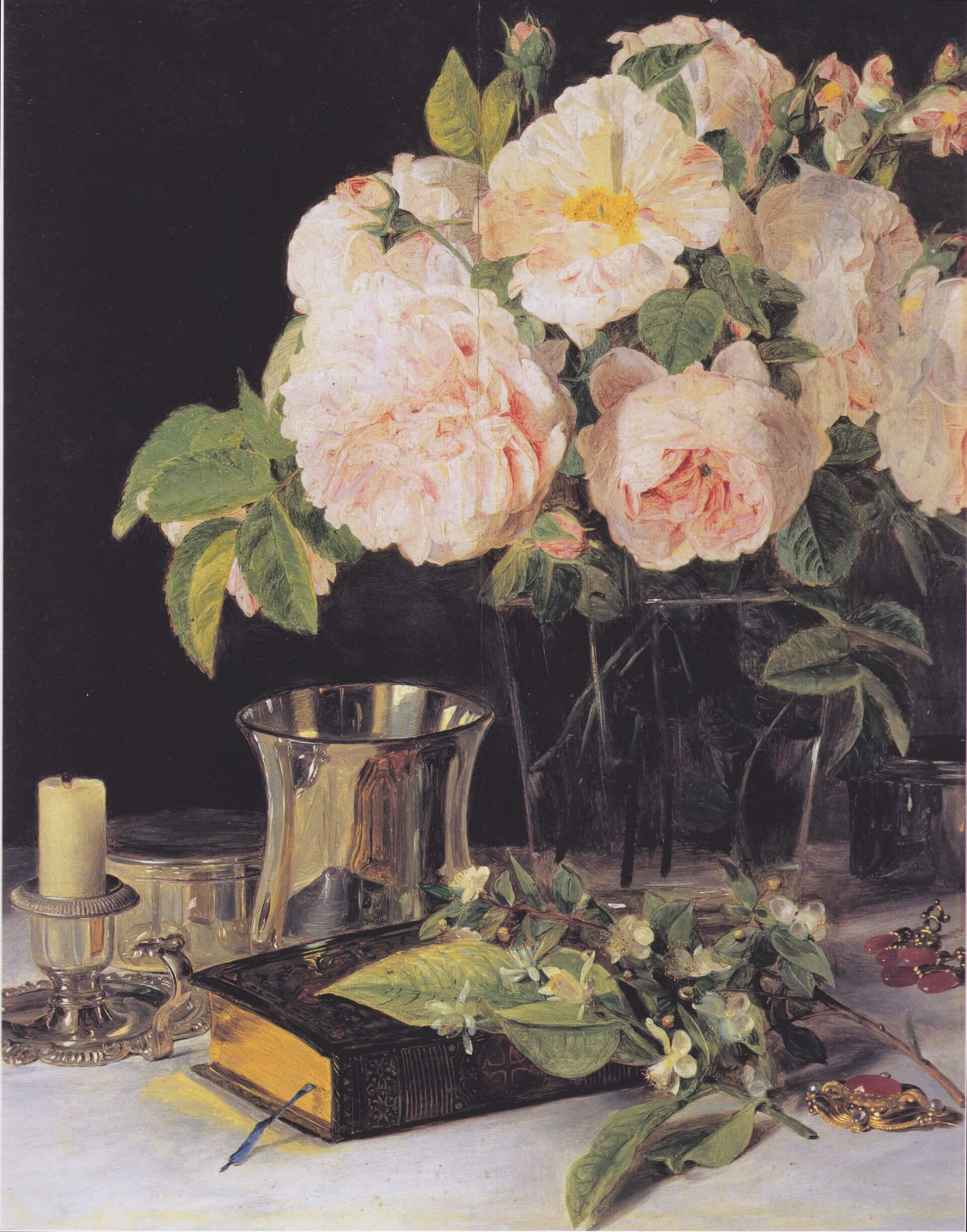 斐迪南.格奧爾格.瓦爾德米勒 (Ferdinand Georg Waldmüller),《玻璃瓶中的玫瑰》(Roses in a Glass),約1831年,油畫(木板),30 × 26公分,維也納美景宮藏。(維基百科)