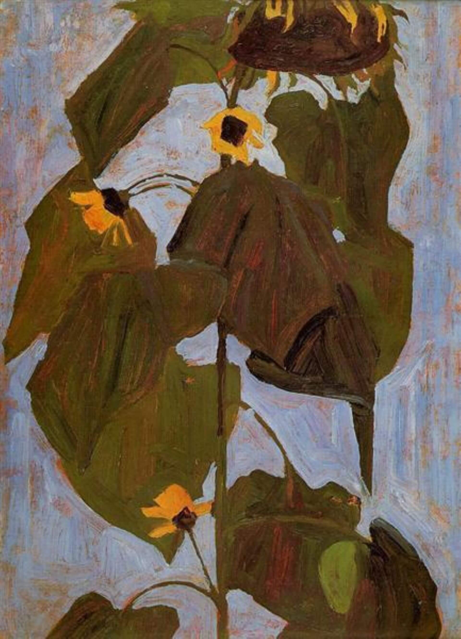 埃貢.席勒(Egon Schiele),《向日葵》(Sunflowers),1908年,紙板油畫,44 × 32.4 公分,下奧地利邦立收藏館藏。(維基百科)