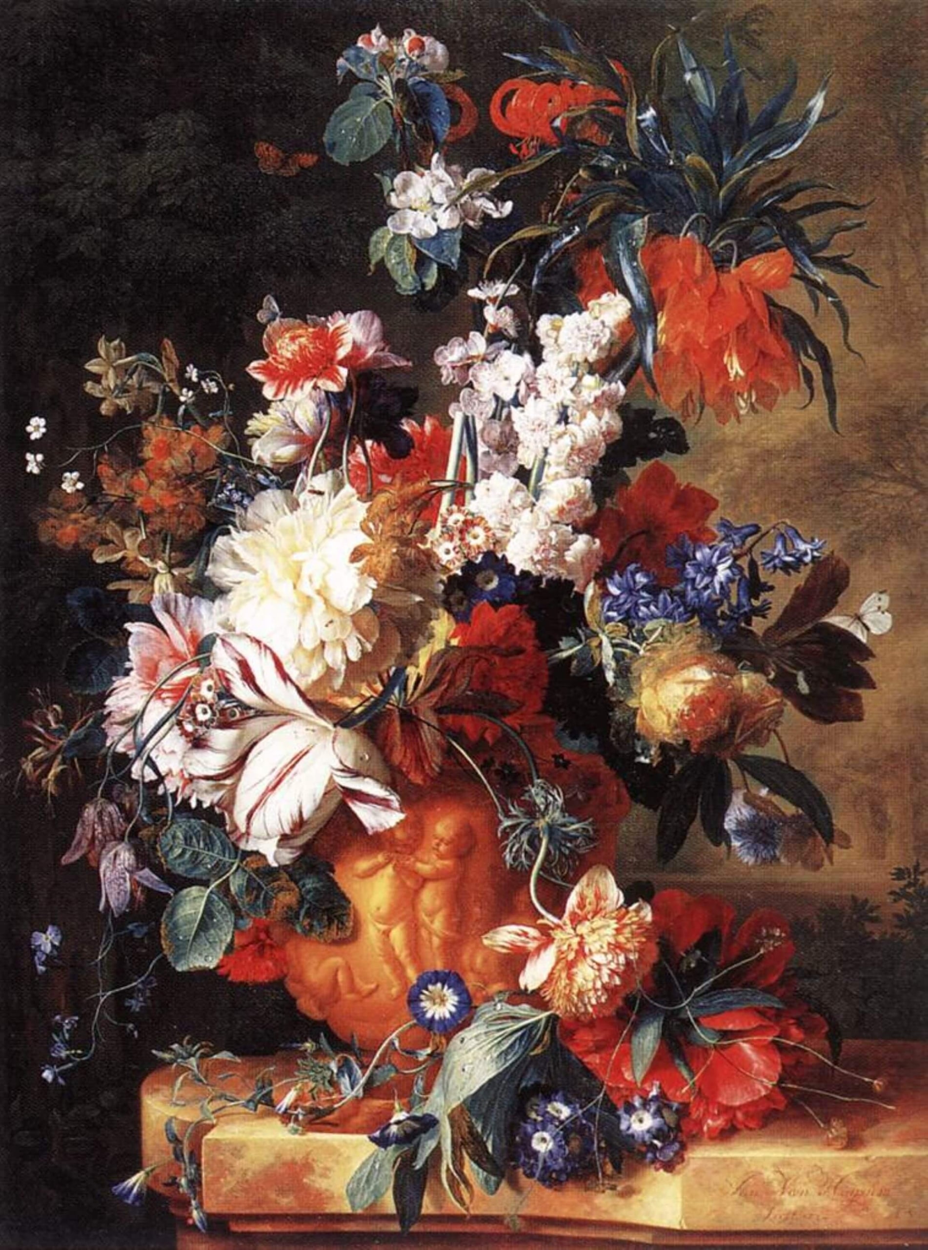 揚.范.海瑟姆(Jan van Huysum),《花瓶裡的花束》(Bouquet of Flowers in an Urn),1724年,油彩畫布,80 × 59.6公分,洛杉磯郡藝術博物館藏。(維基百科)