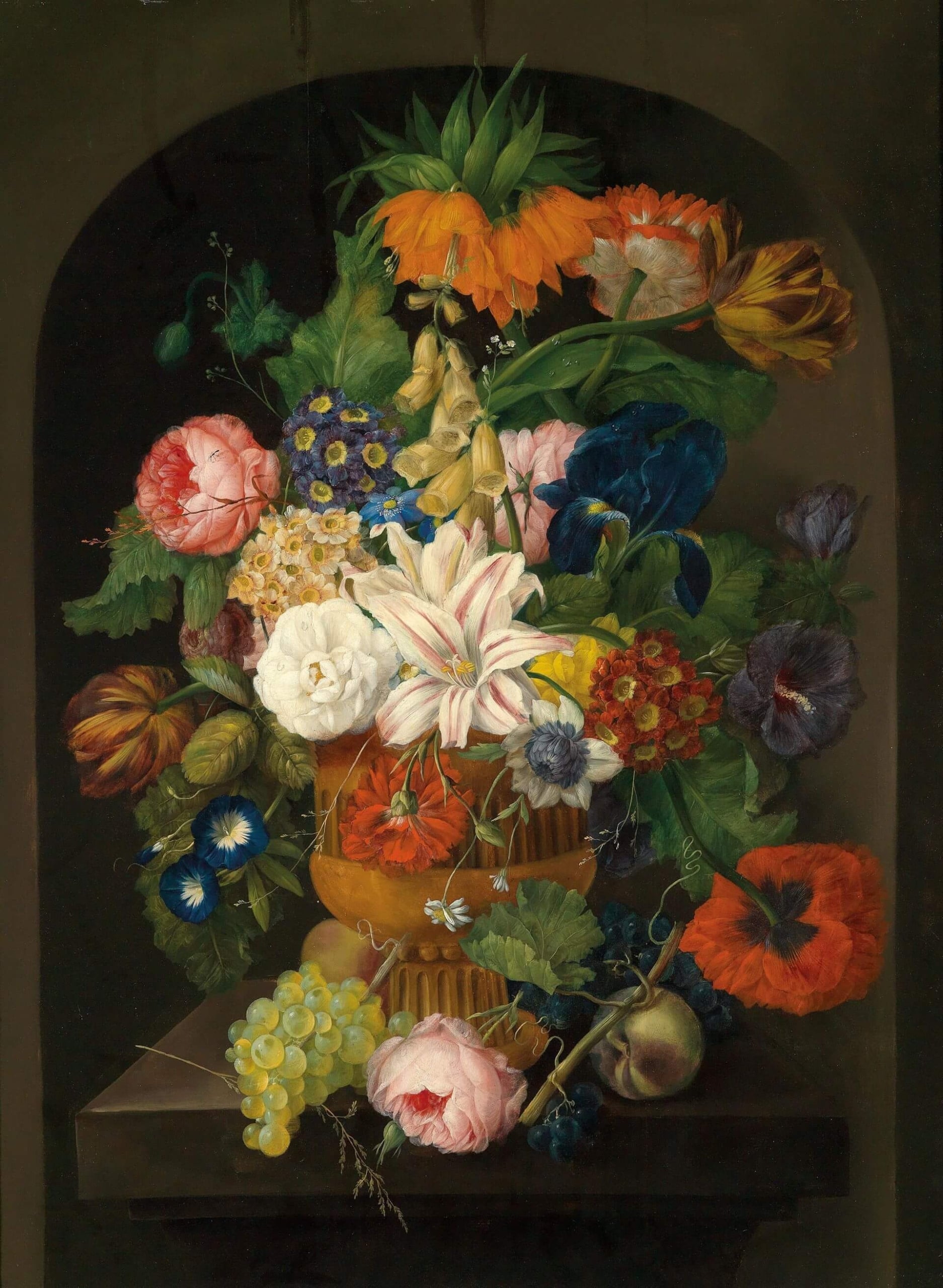 約翰.巴提斯特.德雷克斯勒(Johann Baptist Drechsler),《花與葡萄的靜物》(Still Life of Flowers with Grapes),約1811年,油彩畫布,79 × 58公分。(維基百科)