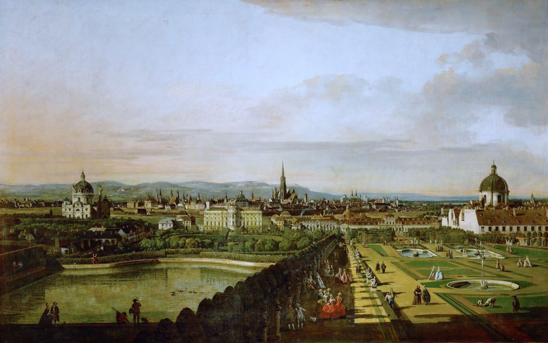 卡納萊托 (Antonio Canaletto),《自美景宮眺望維也納》(View of Vienna from the Belvedere),1758-61年,油彩畫布,136 × 214公分,維也納藝術史博物館藏。(維基百科)
