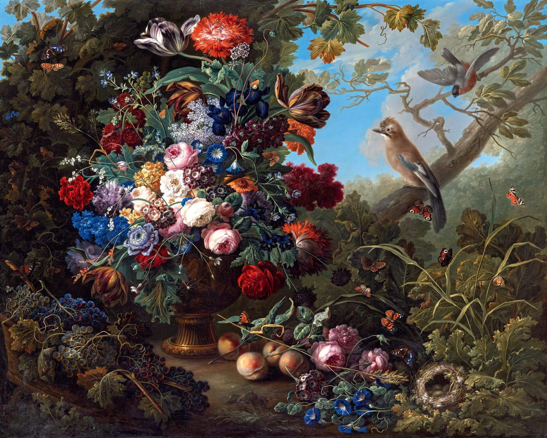 約翰.巴提斯特.德雷克斯勒(Johann Baptist Drechsler),《大型花卉靜物與鳥》(Large Floral Still Life with Birds),1799年,油彩畫布,127 × 159公分,維也納美景宮藏。(維…