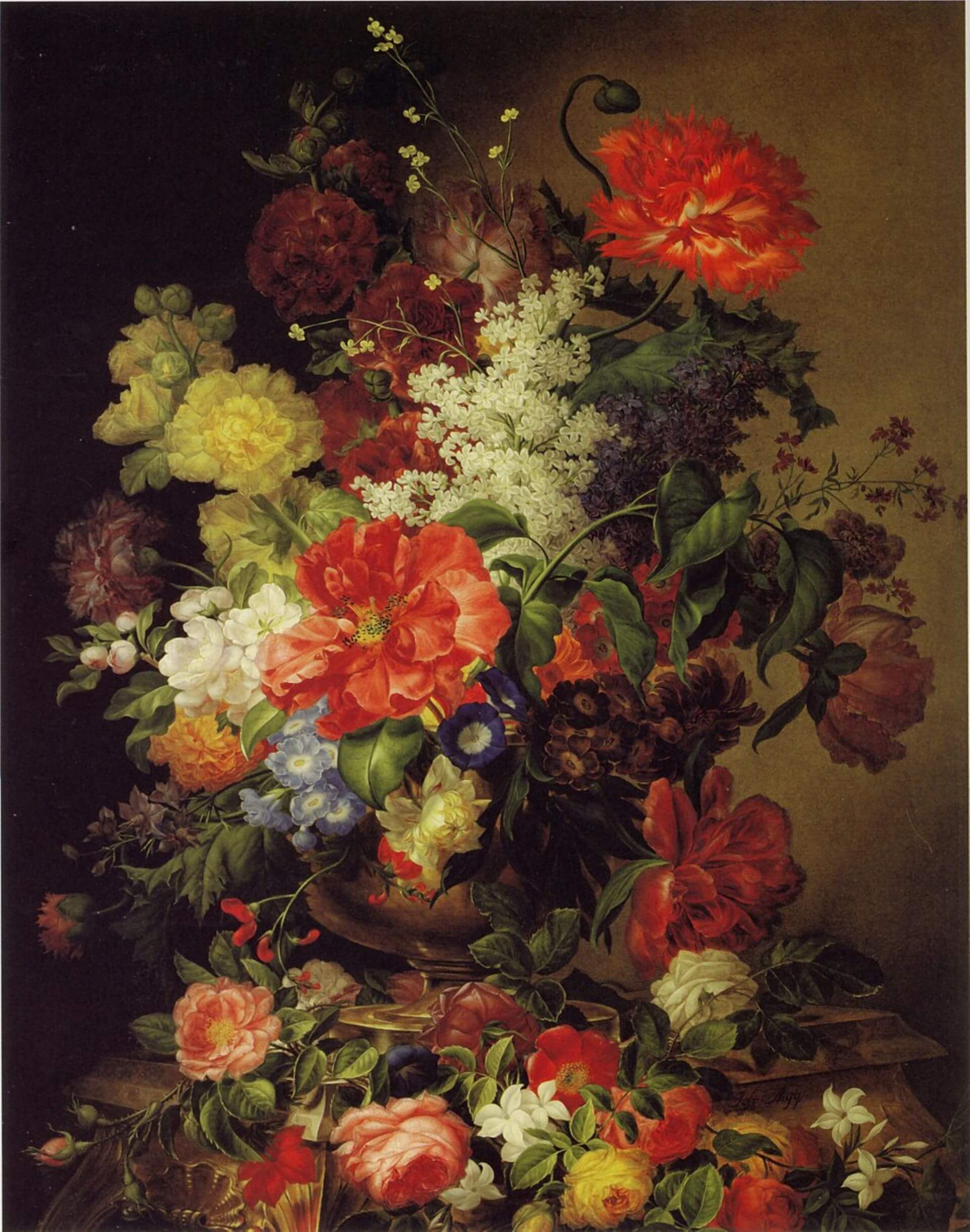 約瑟夫.尼格(Joseph Nigg),《花束》(Bouquet of flowers),約1835年,油彩畫布,80 × 64公分,維也納美景宮藏。(維基百科)