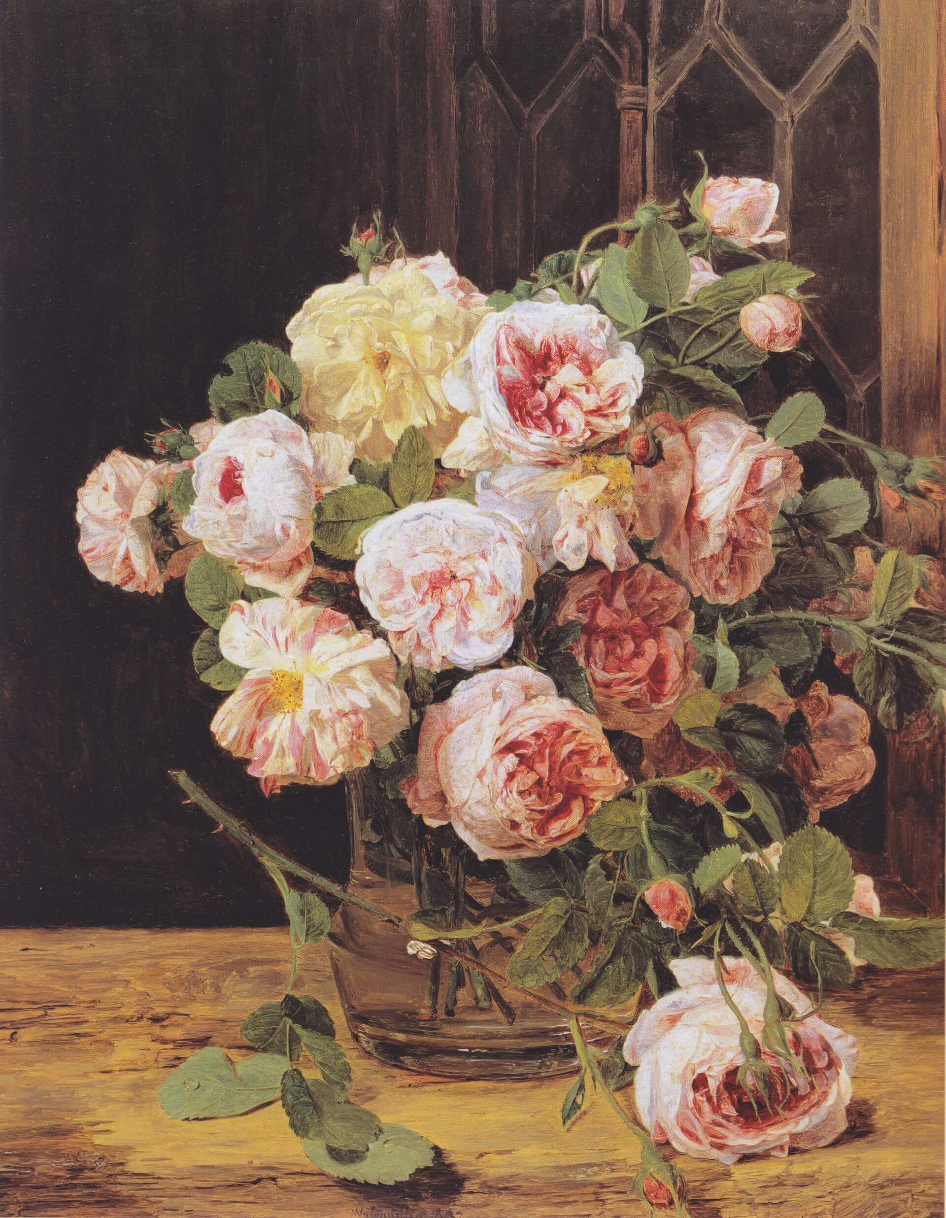 斐迪南.格奧爾格.瓦爾德米勒 (Ferdinand Georg Waldmüller),《窗邊的玫瑰》(Roses by a Window),約1832年,油畫(木板),42 × 34公分,維也納美景宮藏。(維基百科)