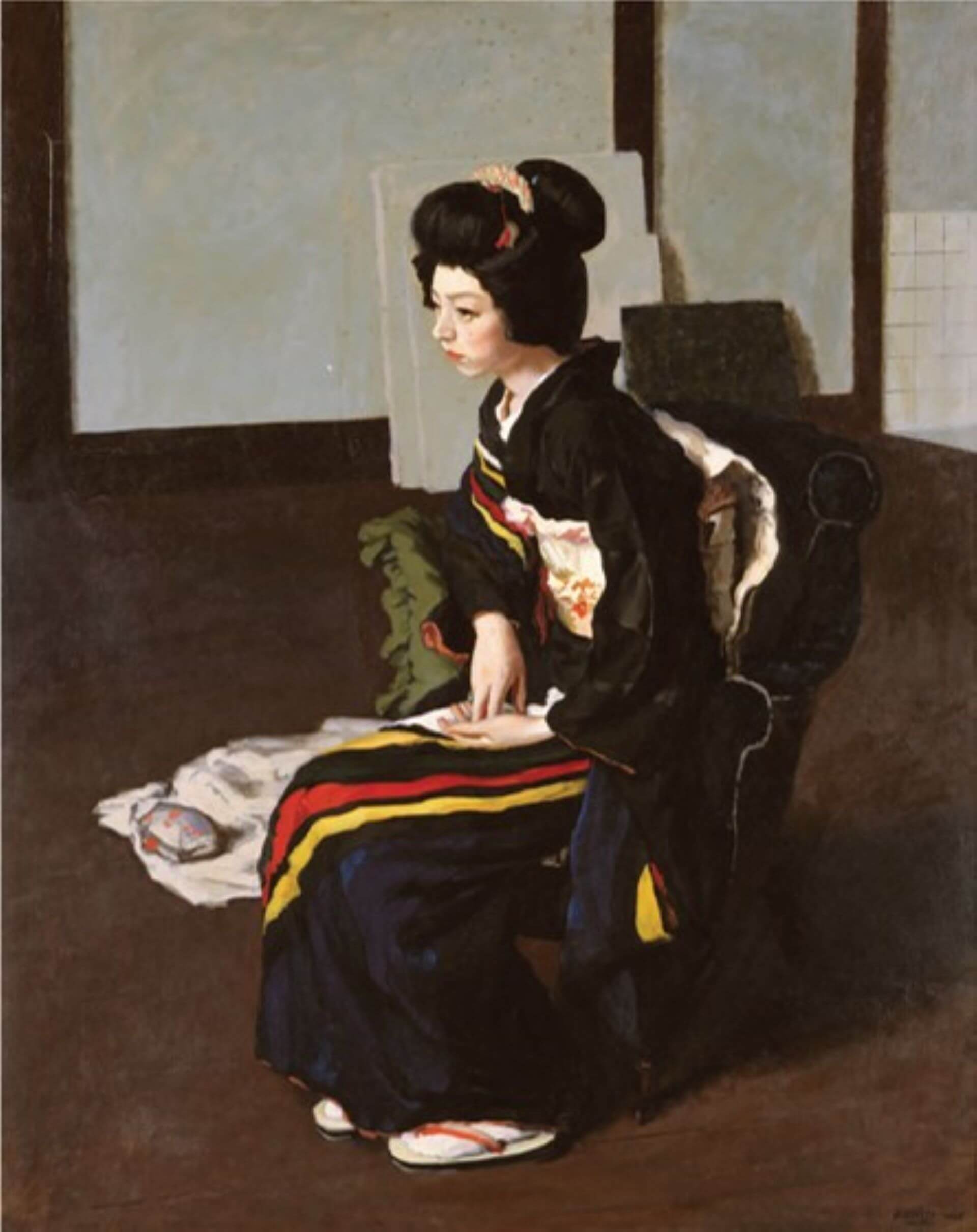 圖11 小林萬吾《繡綵》，1937，油彩畫布，89.5×71.3公分，韓國國立中央博物館藏。引自韓國國立中央博物館典藏資料庫