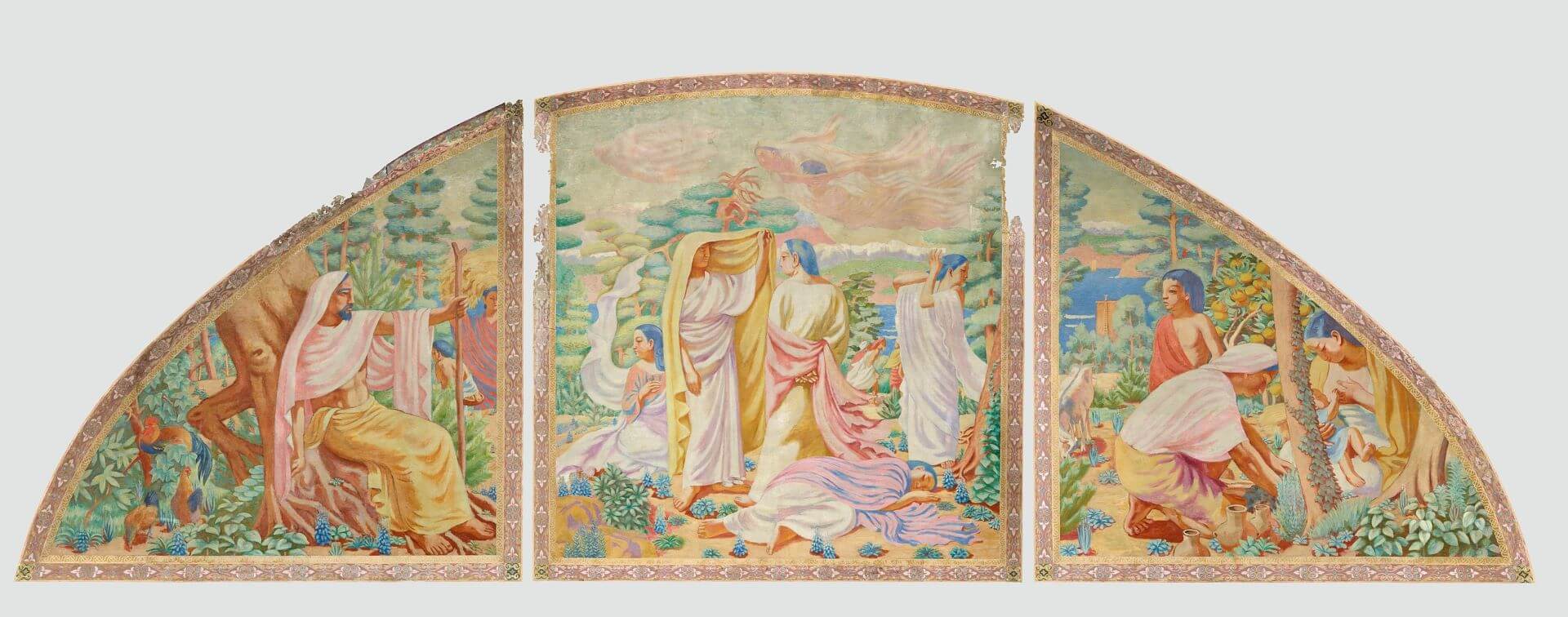 圖6 和田三造《朝鮮總督府中央大廳南壁壁畫》，1926，油彩紙張，左343.0×366.0公分，中430.0×414.0公分，右344.0×367.0公分，韓國國立中央博物館藏。引自韓國國立中央博物館典藏資料庫