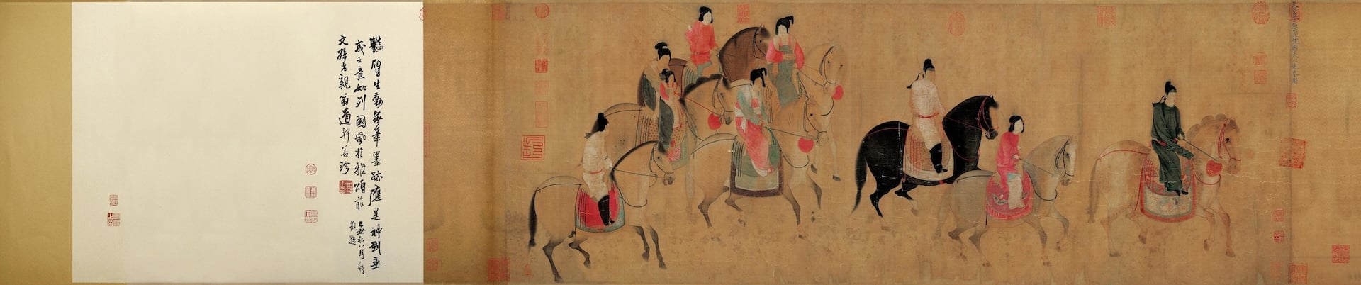 北宋 佚名(傳唐 張萱本)|虢國夫人遊春圖 絹本設色 52×148公分 北宋摹本 收藏:遼寧省博物館 Public Domain
