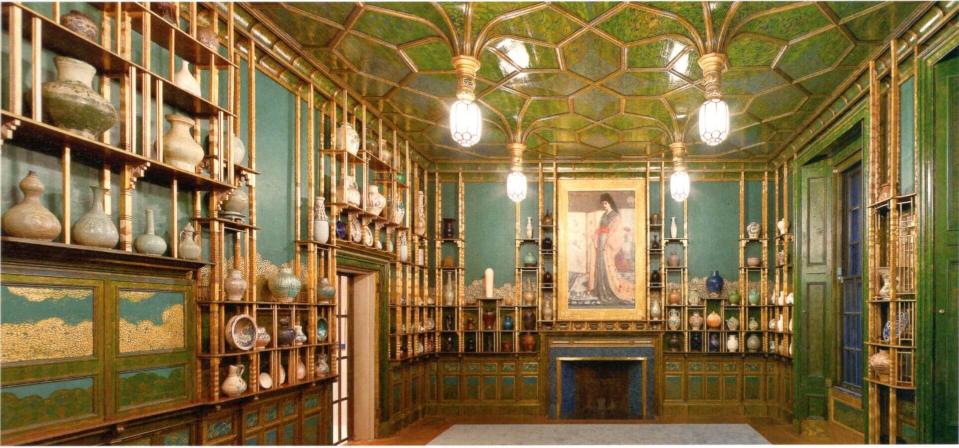 圖8 孔雀廳（Peacock Room）西牆，中央陳列一組高麗青瓷，查爾斯．朗．弗利爾（Charles Lang Freer）底特律自宅，攝於1908年，史密森學會國家亞洲藝術檔案博物館（National Museum of Asian A…