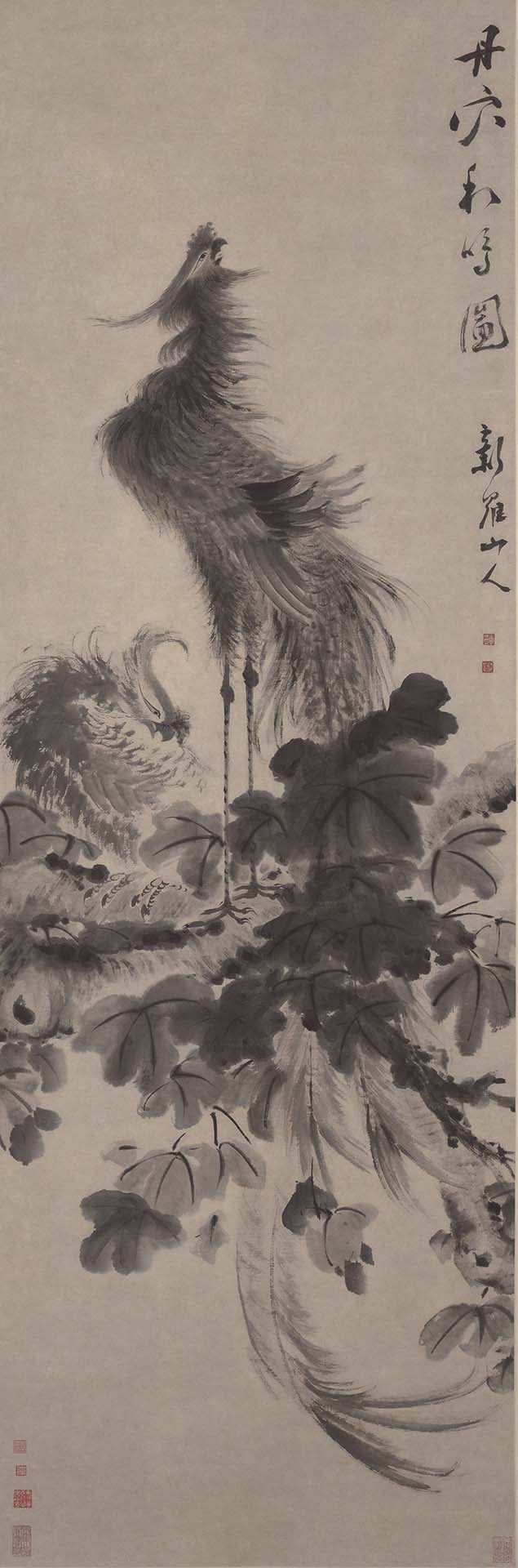 圖9 清 華喦約1700至1756年間〈丹穴和鳴圖〉，紙本水墨，269.2×92.7公分，私人收藏，圖／美國克里夫蘭美術館。