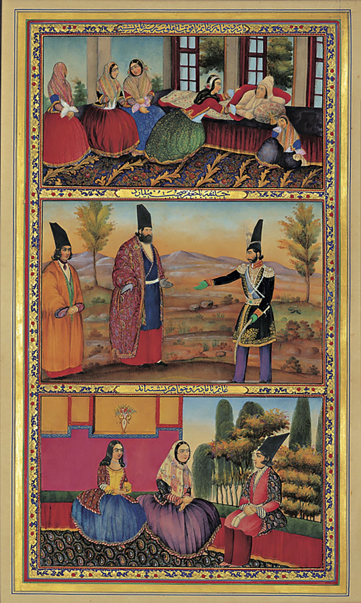米爾扎．阿博爾哈桑．汗．加法里（Mirza Abolhassan Khan Ghaffari）繪製的《一千零一夜》波斯文版本插圖，約1849–1856年。作品以細密筆法呈現宮廷與敘事場景，體現十九世紀伊朗宮廷繪畫對文學想像的視覺轉譯。（Pu…