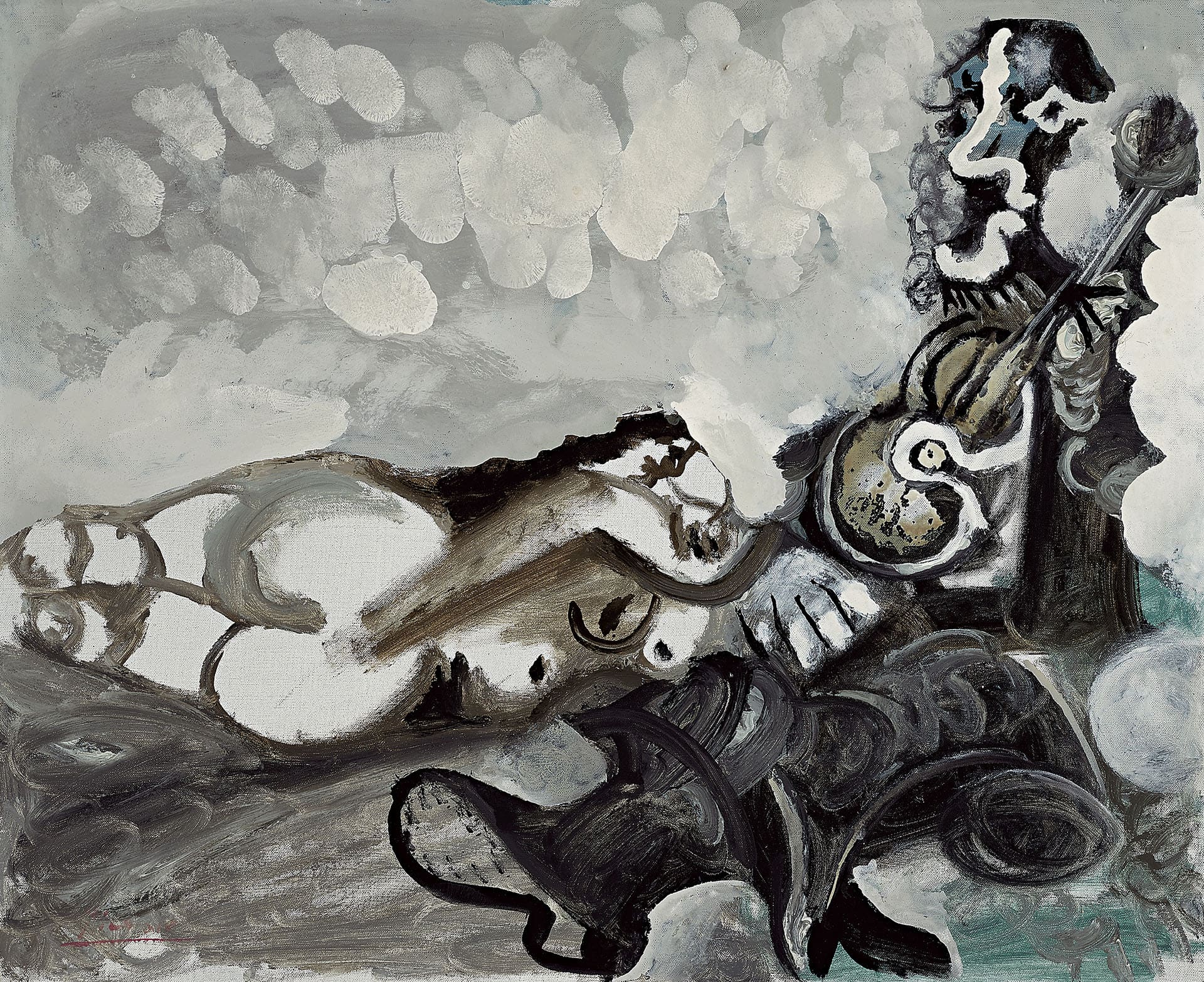 巴勃羅．畢卡索，《側臥裸女與音樂家》，油彩、Ripolin、畫布，50×61.1 cm，1967年3月24日作。HK,000,000–20,000,000（佳士得提供）