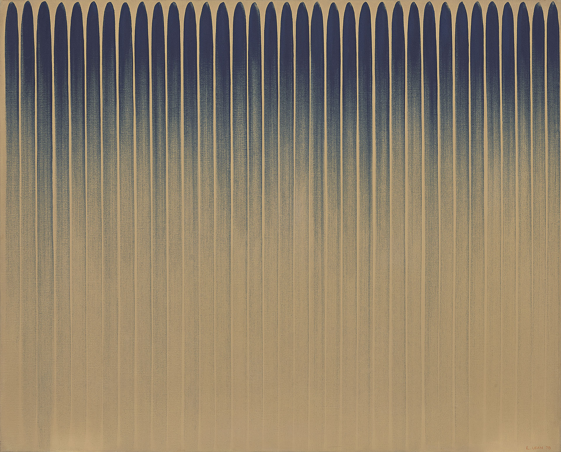 李禹煥，《始於線 No. 780352》，油彩、礦物顏料、畫布，130×163.5 cm，1978年作。HK,000,000-12,000,000（佳士得提供）