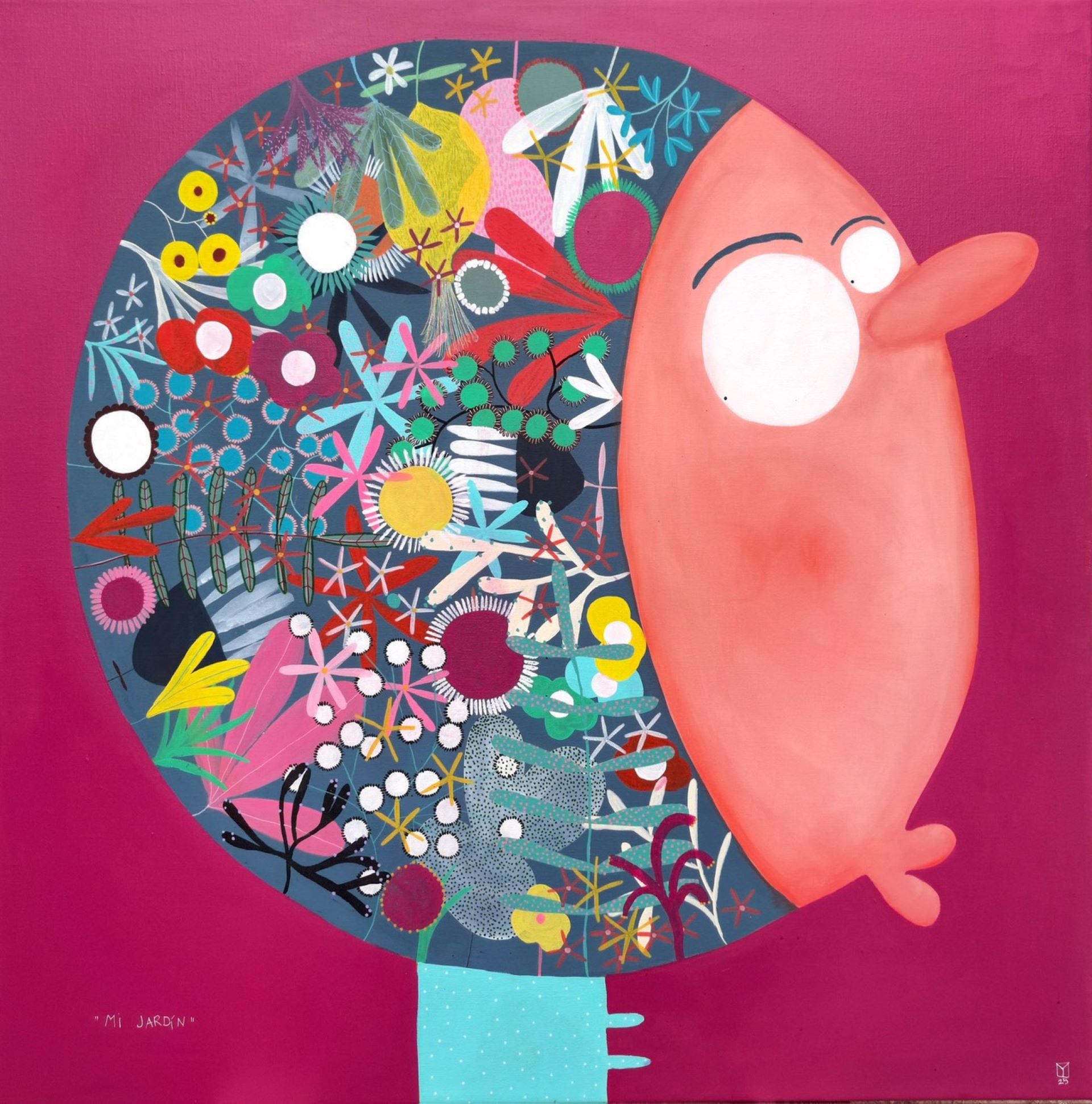 西班牙藝術家莫伊Moises Yagues，《My Garden》， 2024， Acrylic on linen，100×100cm。（丁丁藝術空間提供）