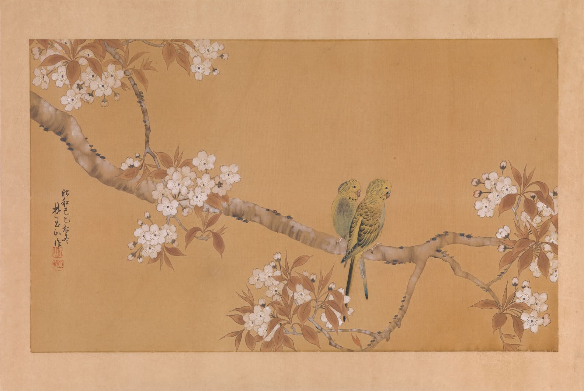 林玉山，《儷影雙棲－鸚鵡》，1929，膠彩絹本，36 × 61公分，順益台灣美術館藏。（順益台灣美術館提供）