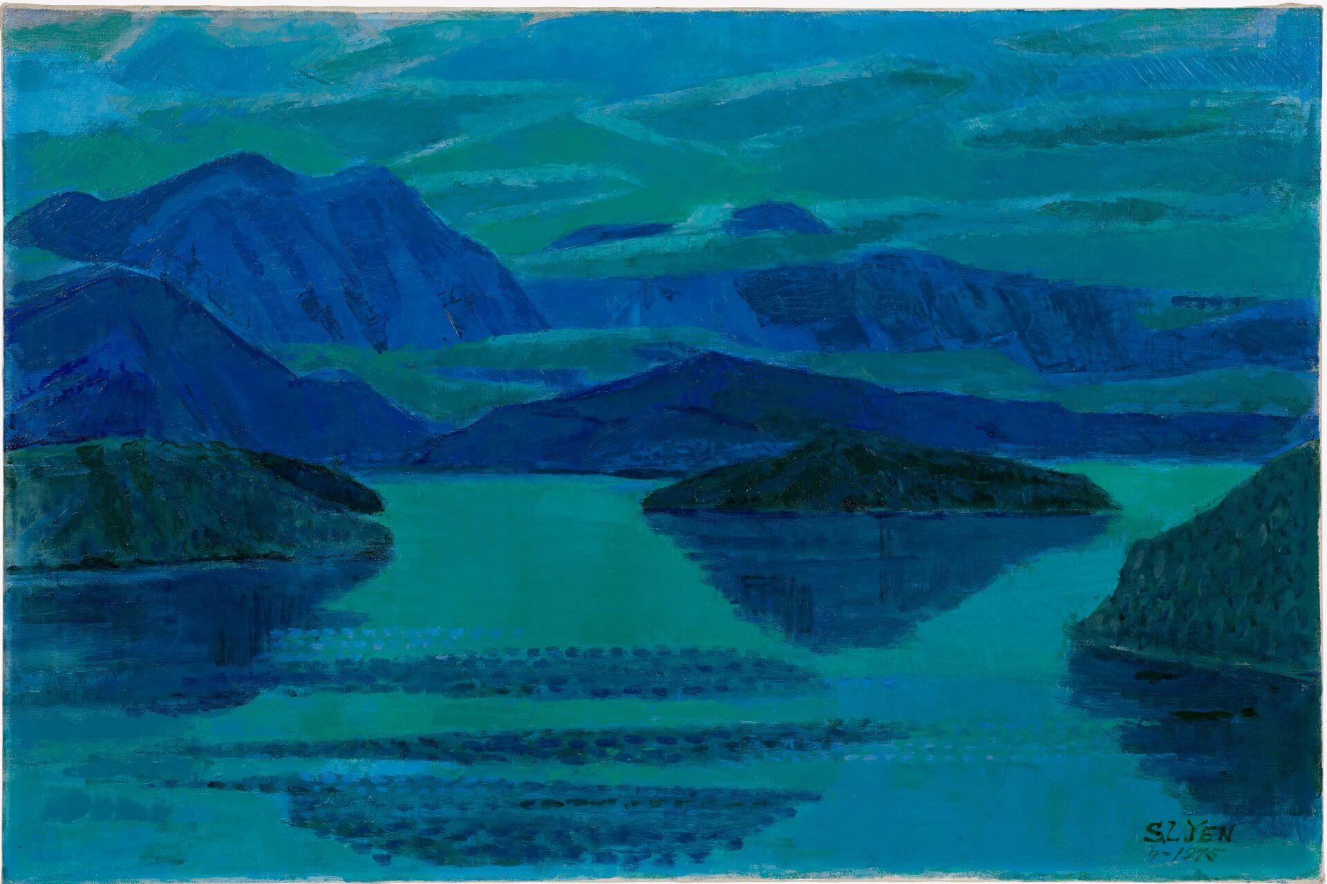 顏水龍，《日月潭風景》，1975，油彩畫布，91 × 60.5公分，順益台灣美術館藏。（順益台灣美術館提供）
