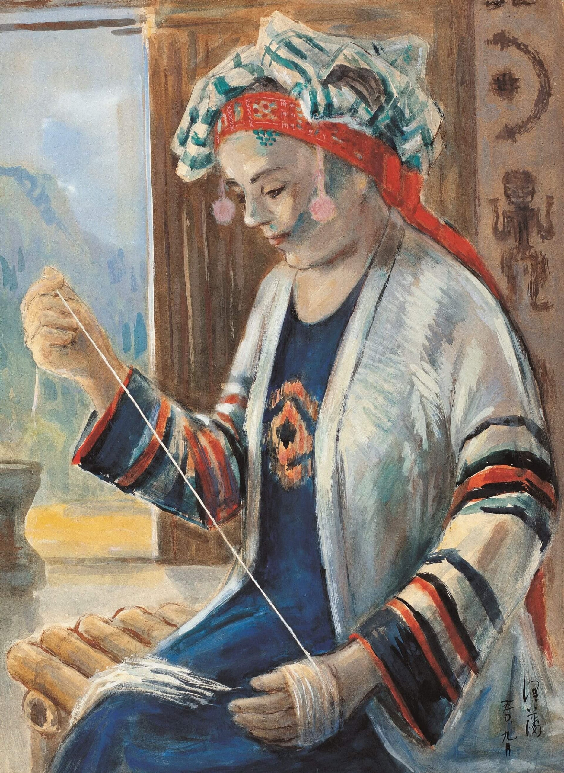 李澤藩，《紡紗（泰安鄉）》，1961，水彩紙本，76 × 55公分，順益台灣美術館藏。（順益台灣美術館提供）