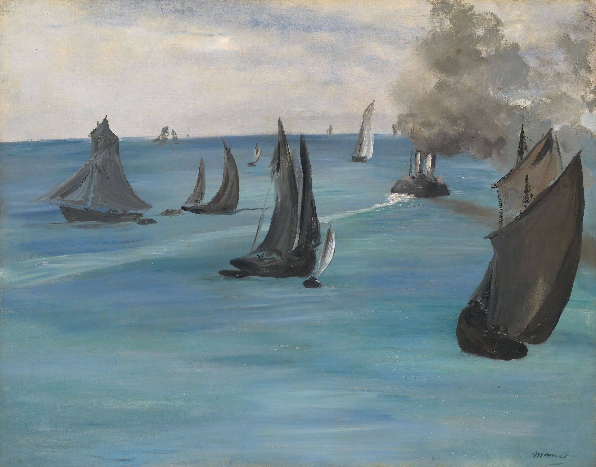 愛德華．馬奈《離開布洛涅的蒸汽船》（Steamboat Leaving Boulogne），1864，油彩畫布，73.6×92.6公分，芝加哥藝術博物館（Art Institute of Chicago）藏。引自芝加哥藝術博物館典藏資料庫