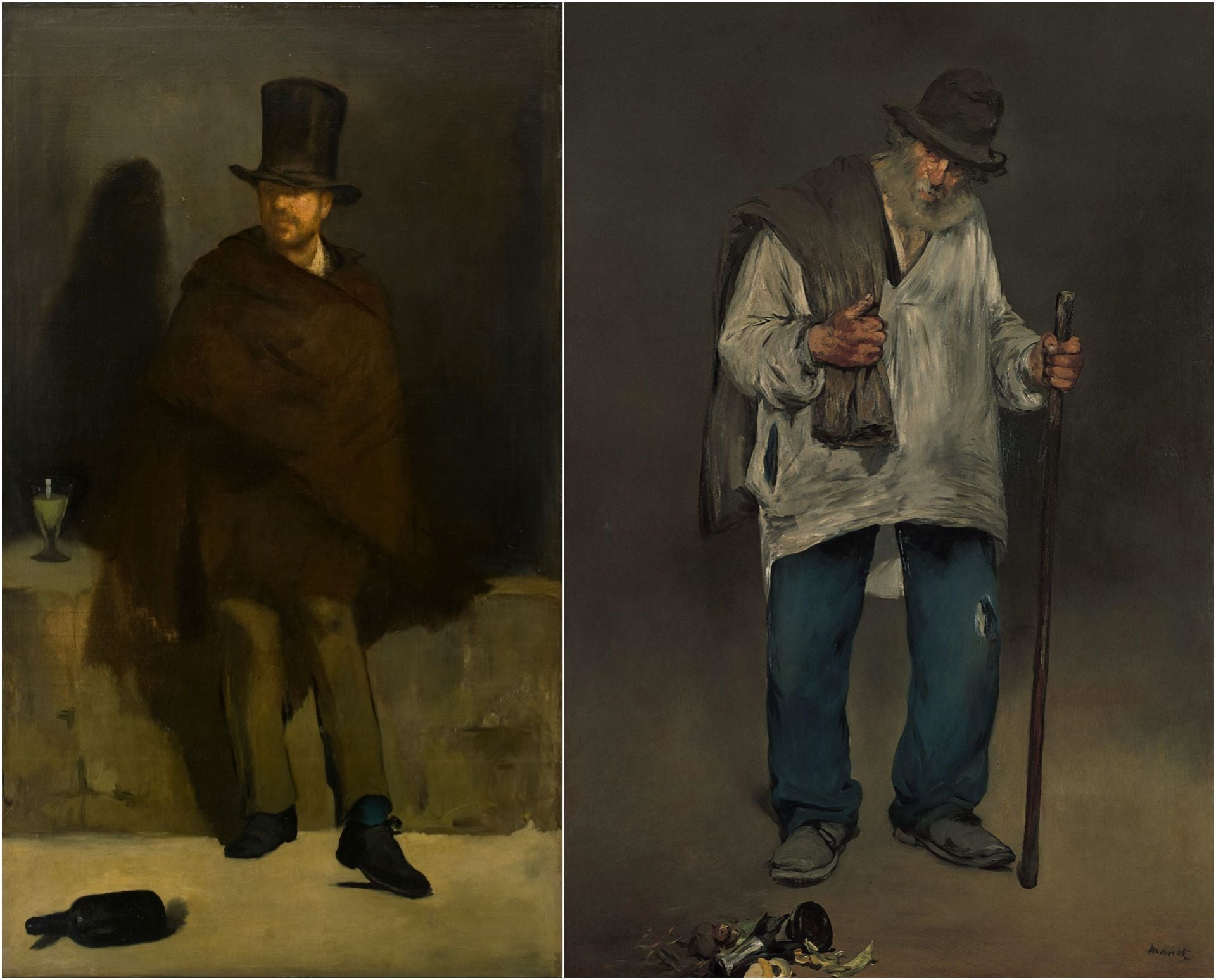 左圖：愛德華．馬奈《苦艾酒飲者》（Absinthe Drinker），約1859，油彩畫布，180.5×105.6公分，丹麥新嘉士伯美術館（Ny Carlsberg Glyptotek, Copenhagen）藏。引自Wikipedia 愛…