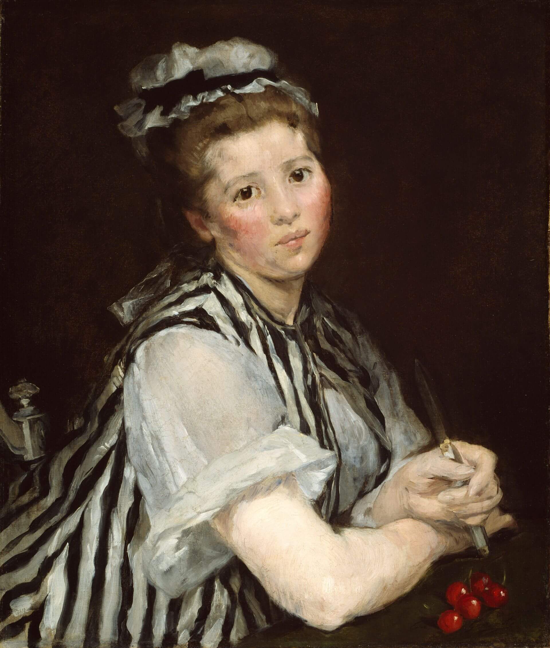 伊娃．岡薩雷斯《手持櫻桃的少女》（Girl with Cherries），約1870，油彩畫布，55.2×47.4公分，芝加哥藝術博物館（Art Institute of Chicago）藏。引自芝加哥藝術博物館典藏資料庫